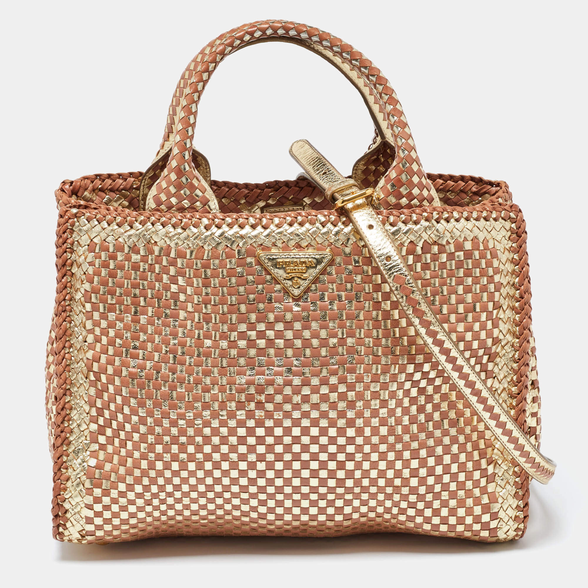Pre Owned Prada Gold/Brown Woven Madras Leather Snap Tote