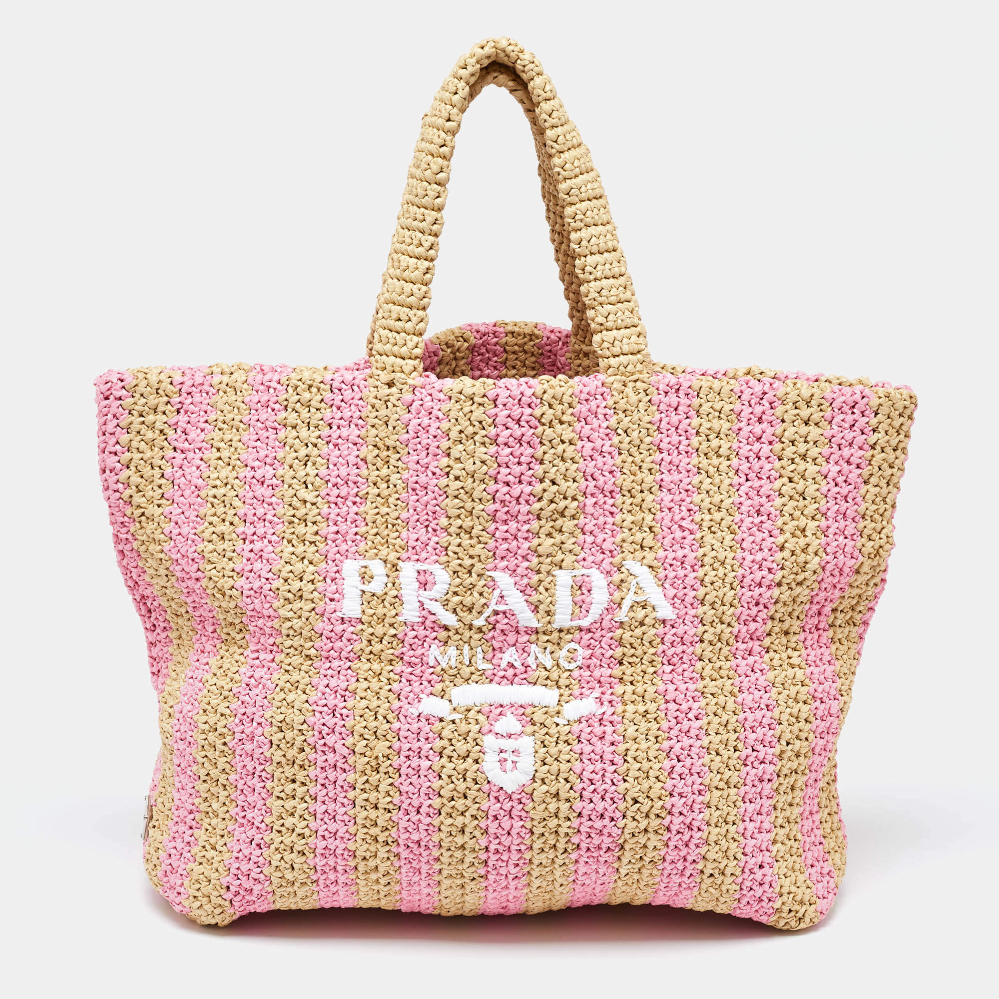 Pre Owned Prada Pink/Beige Stripe Raffia Logo Tote