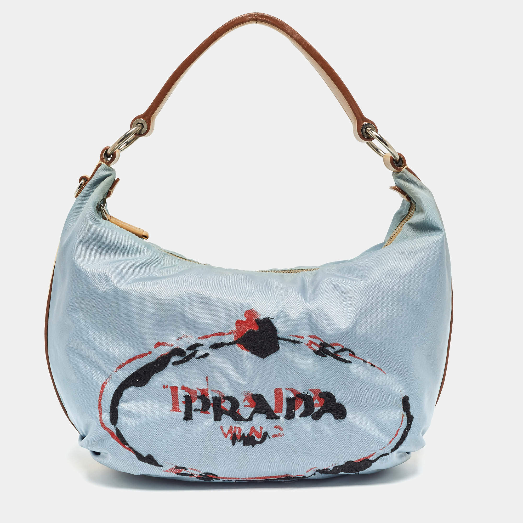 Prada Light Blue/Beige Tessuto Nylon and Leather Stencil Hobo 