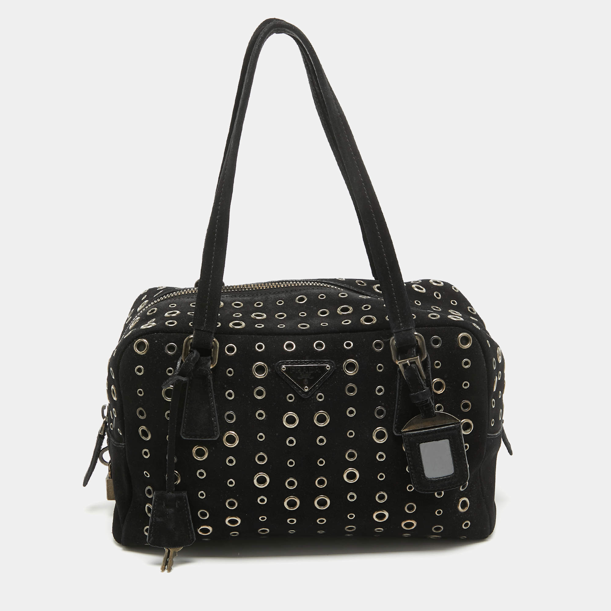 Prada Black Suede Grommet Bauletto Bag