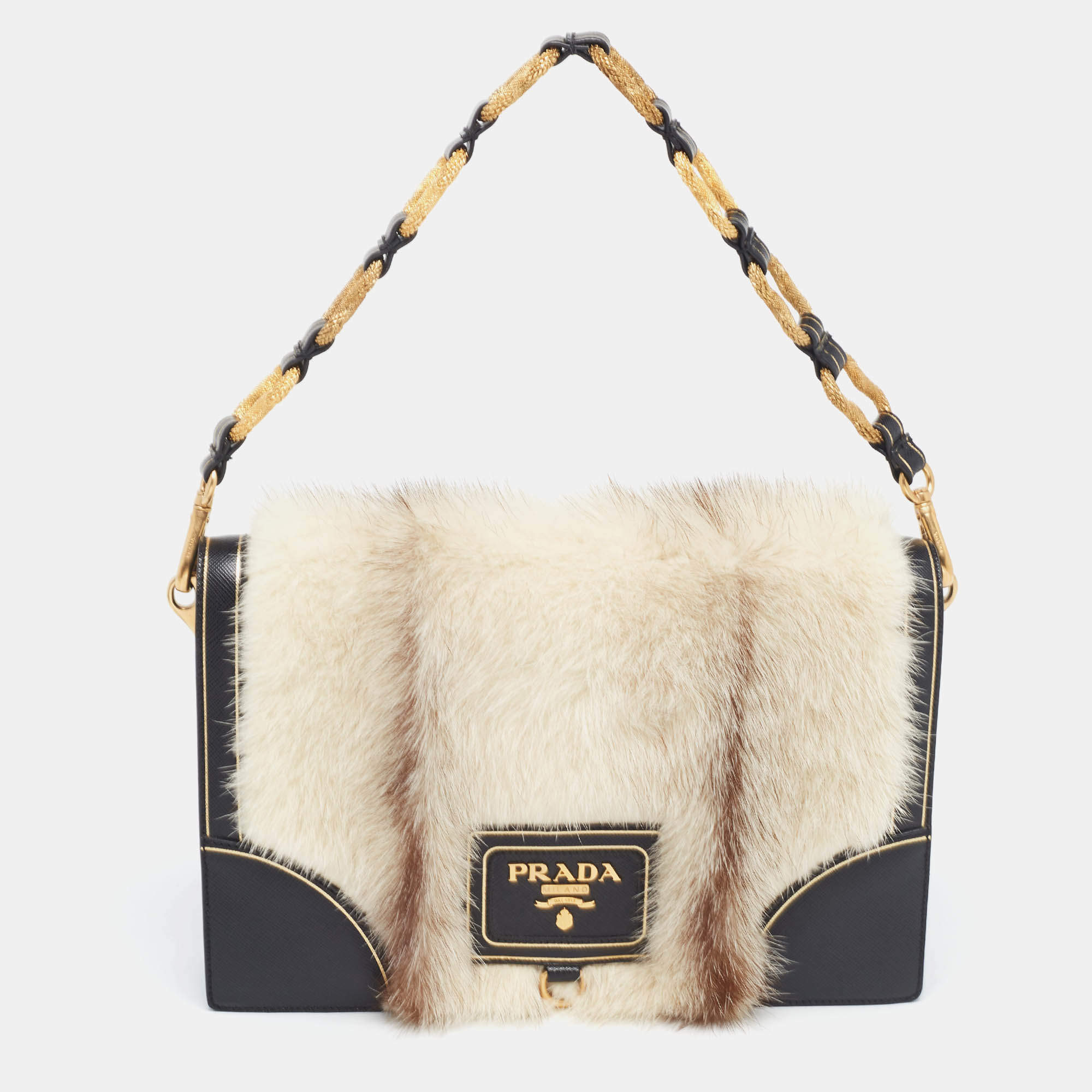 Prada Off White/Black Mink Fur and Saffiano Leather Flap Bag