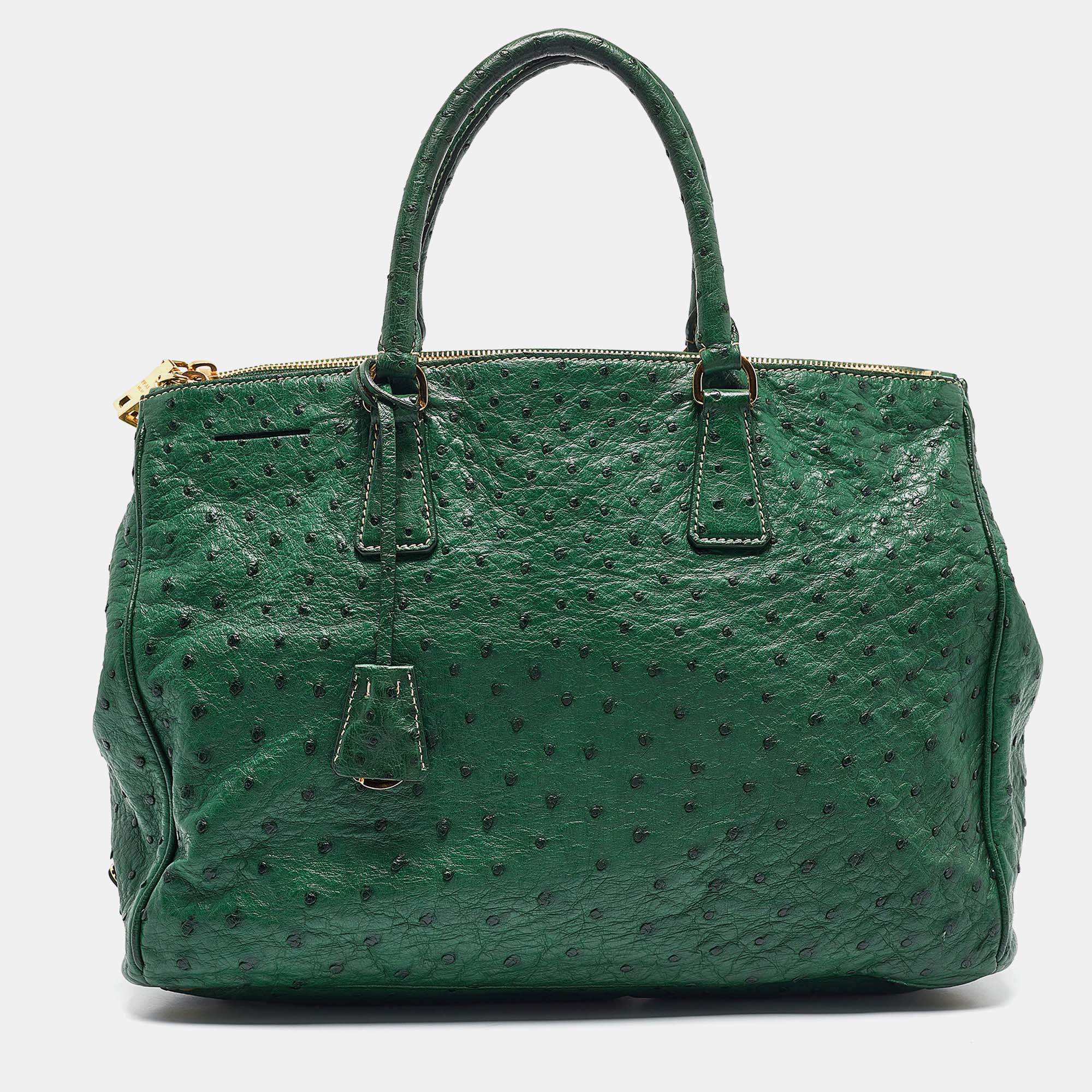 Prada Green Ostrich Large Double Zip Tote