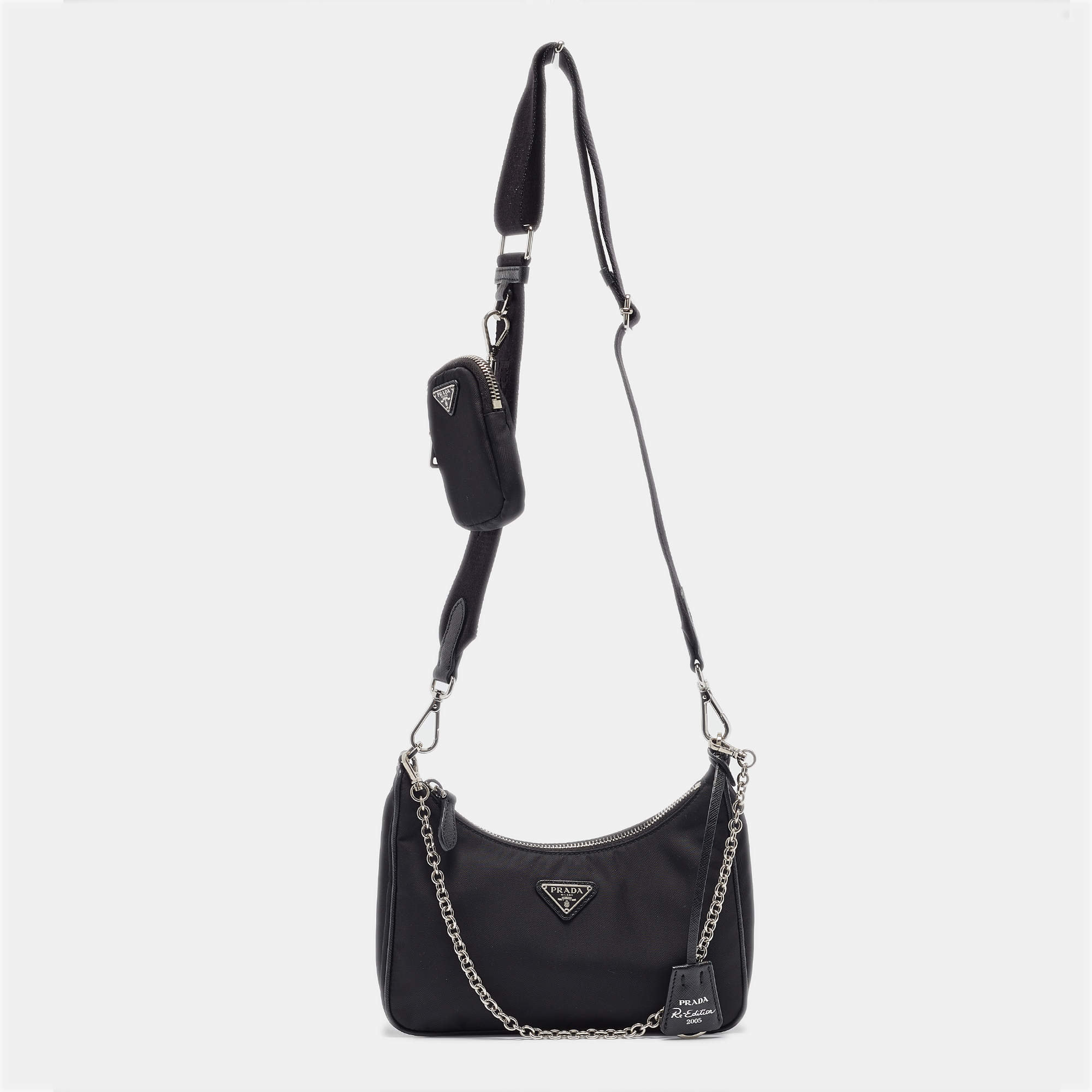 Prada Black Nylon and Saffiano Leather Re-Edition 2005 Baguette Bag