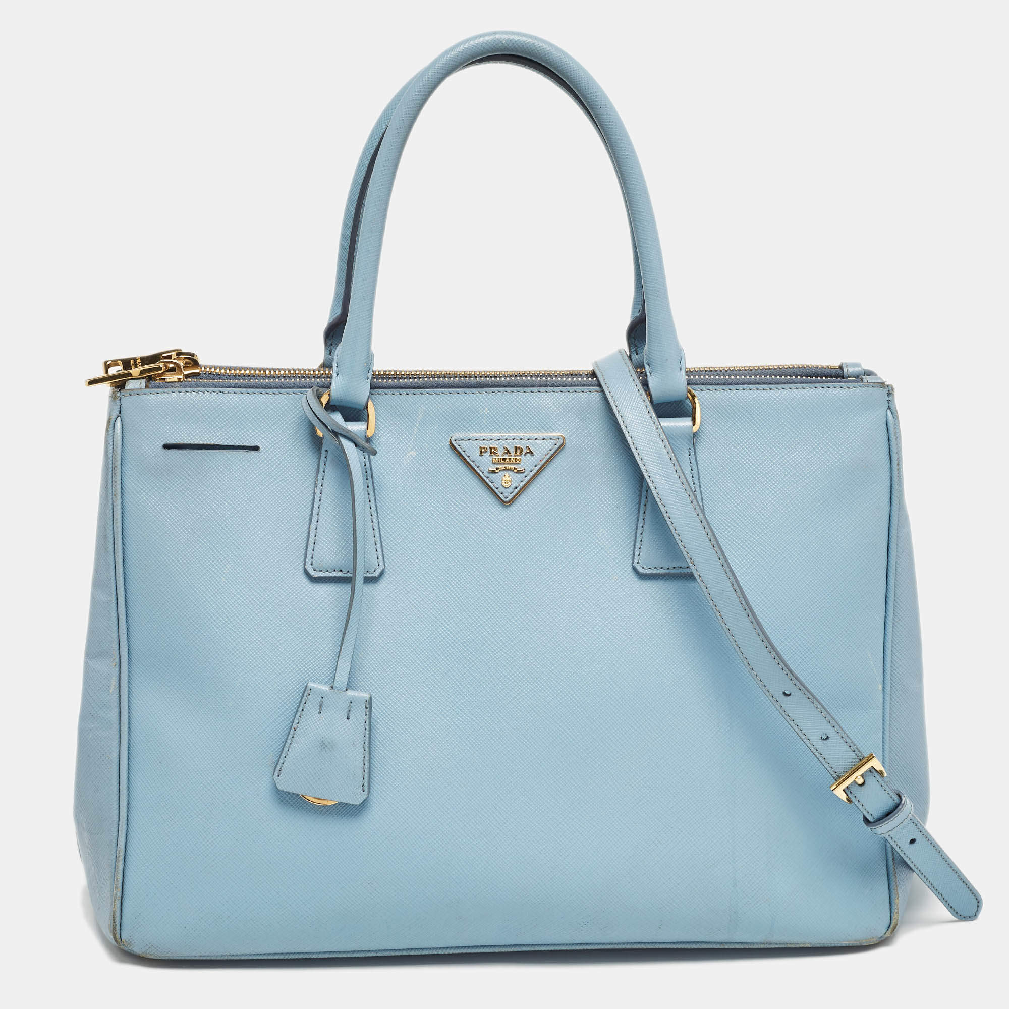 Pre Owned Prada Light Blue Saffiano Lux Leather Large Double Zip Tote