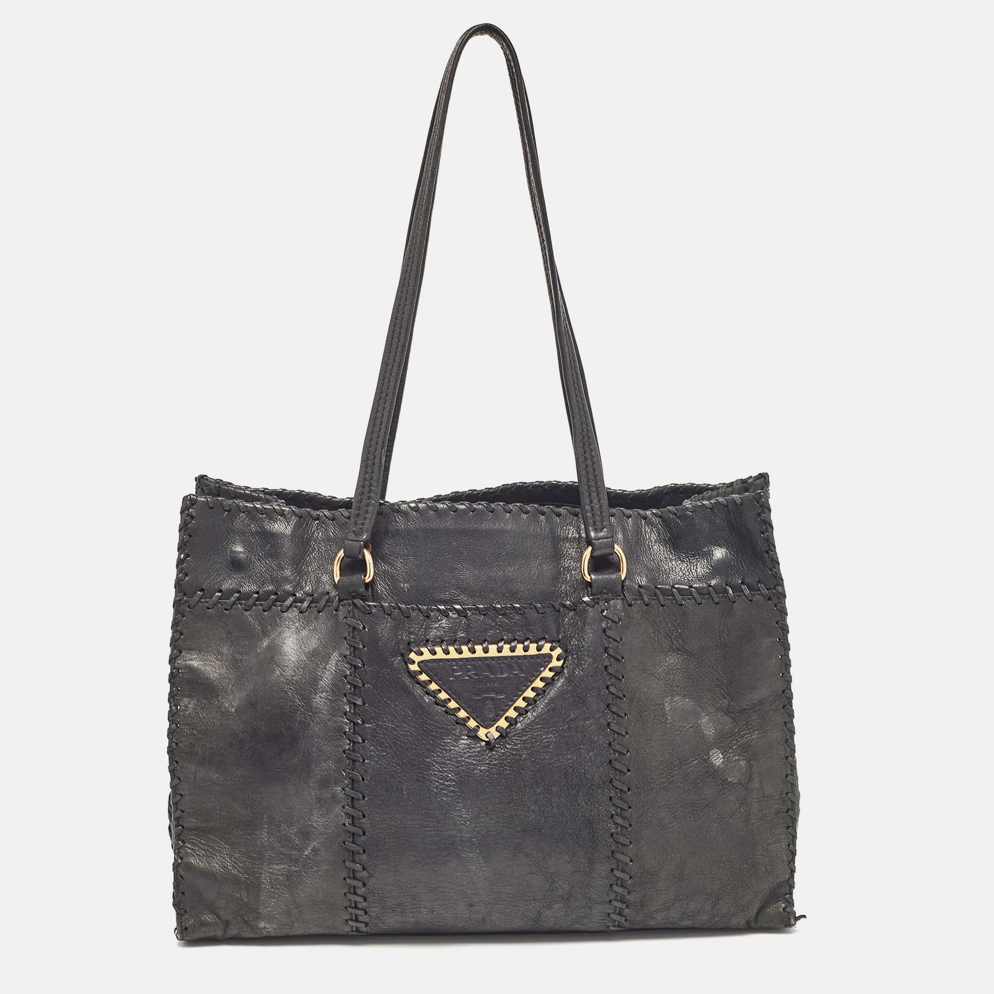 Pre Owned Prada Black Leather Antic Strings Tote