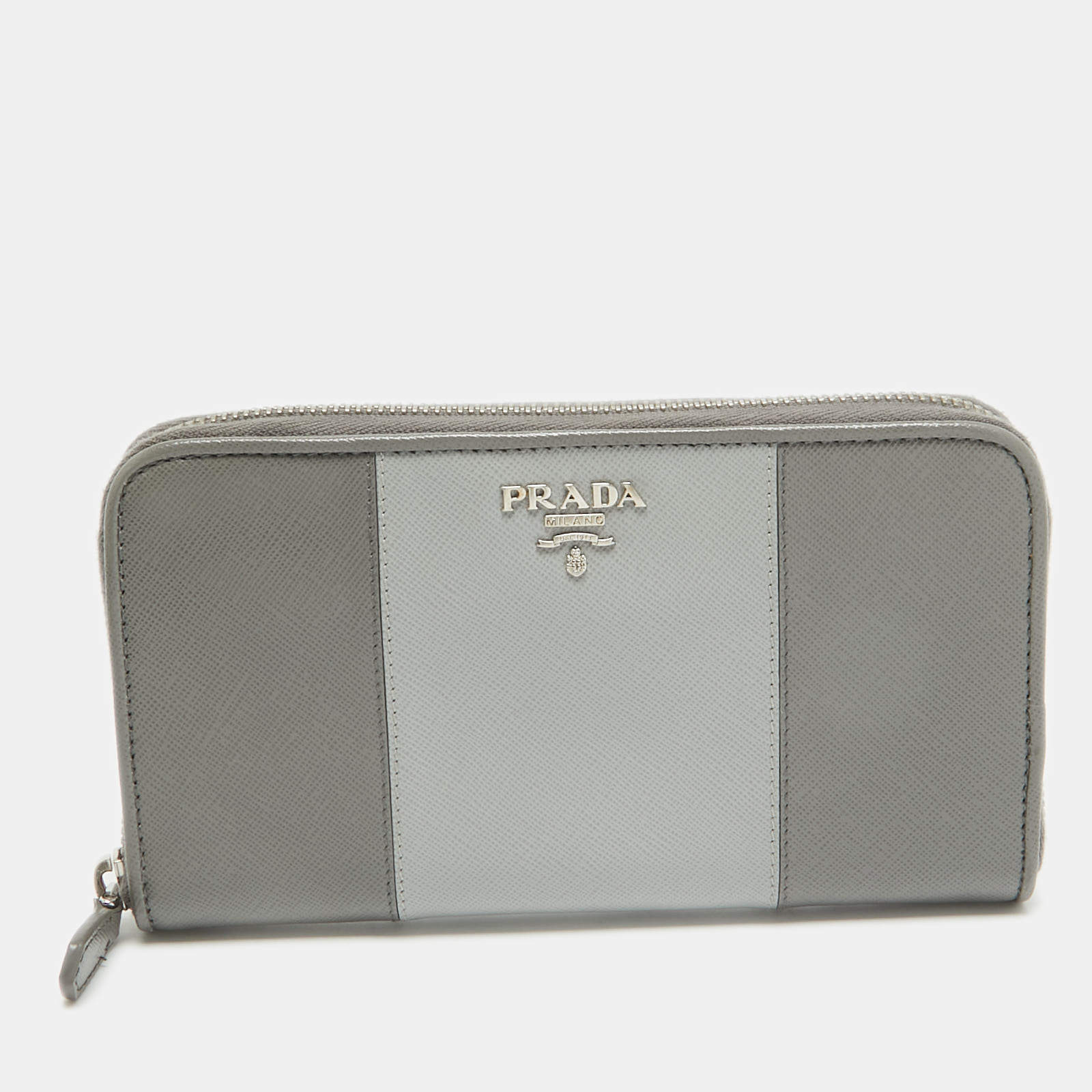 Prada Two Tone Grey Saffiano Leather Zip Around Wallet