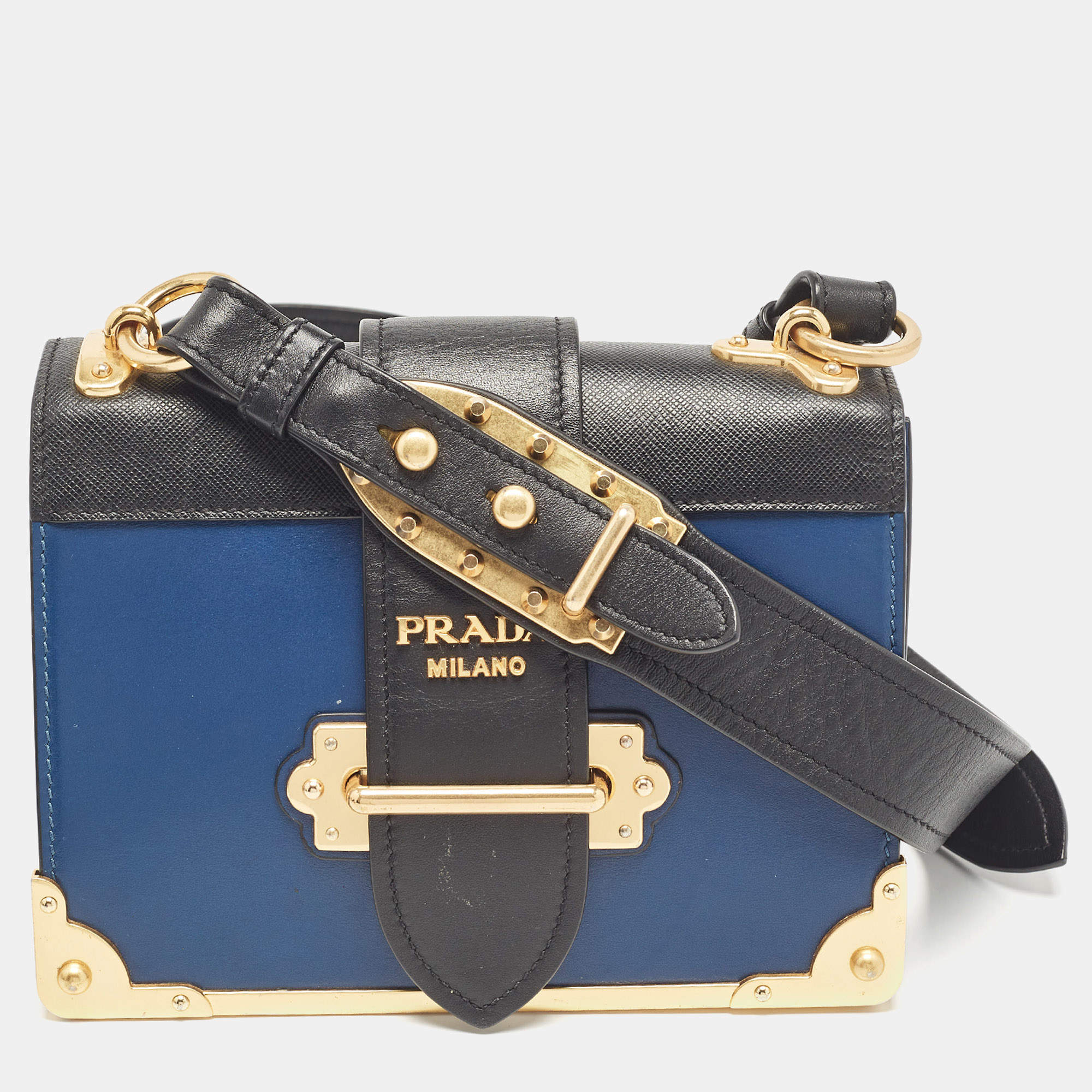 Pre Owned Prada Blue/Black Saffiano Leather Cahier Flap Shoulder Bag
