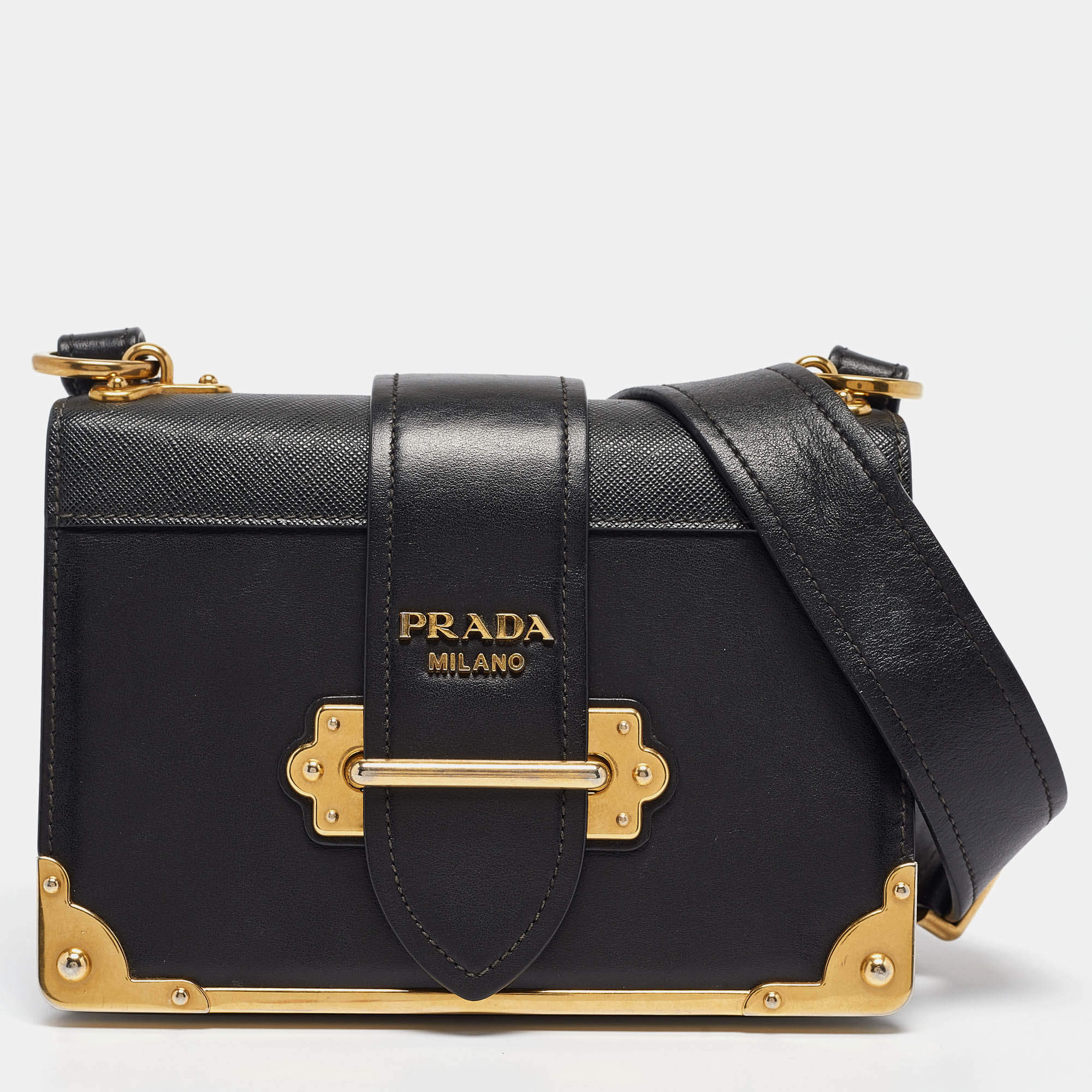 Pre Owned Prada Black Saffiano Leather Cahier Flap Shoulder Bag