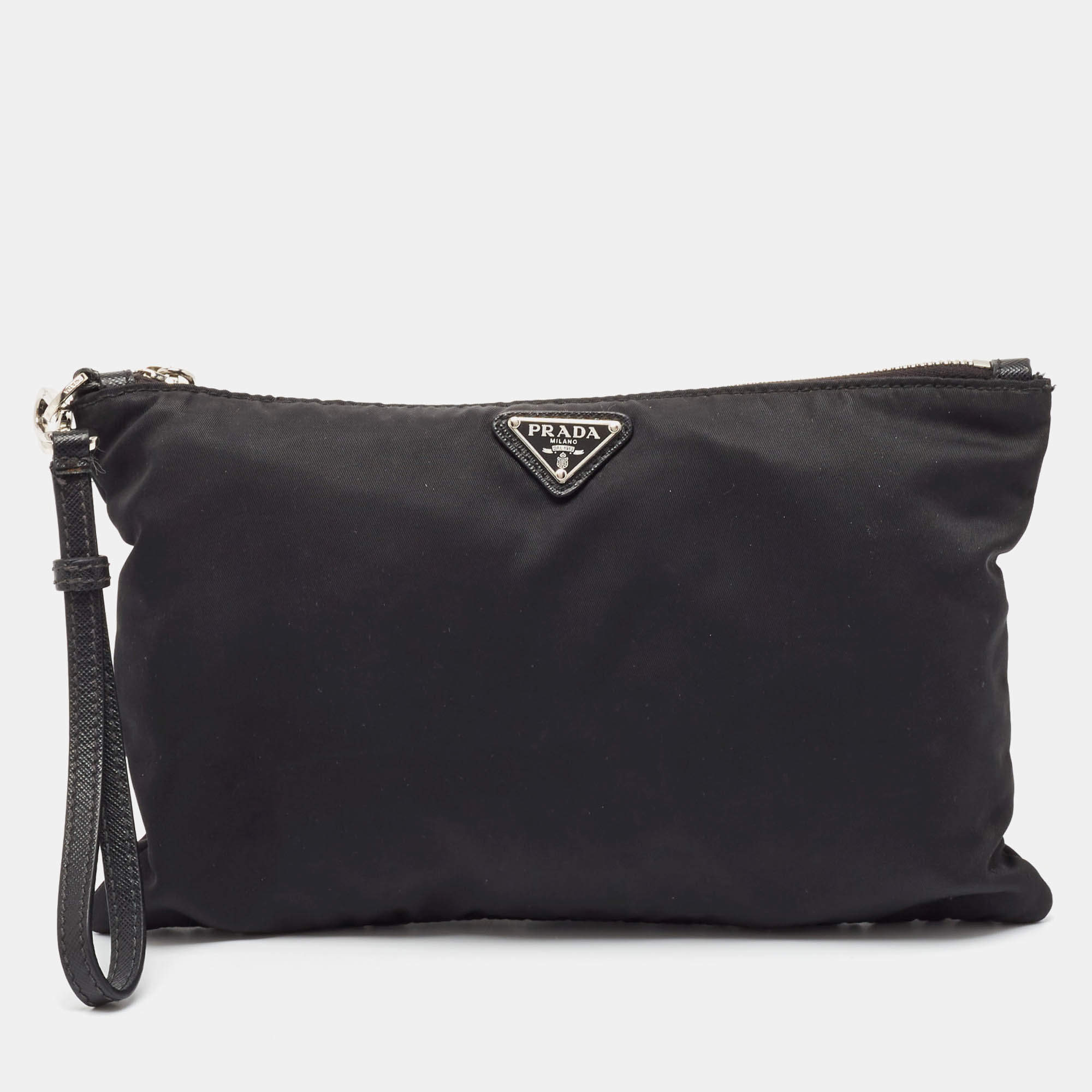 Pre Owned Prada Black Nylon Zip Wristlet Pouch