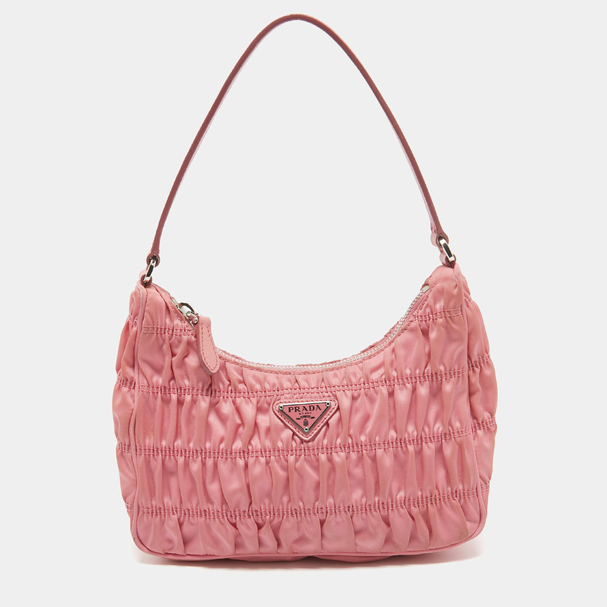 Pre Owned Prada Pink Gaufre Nylon Baguette Bag