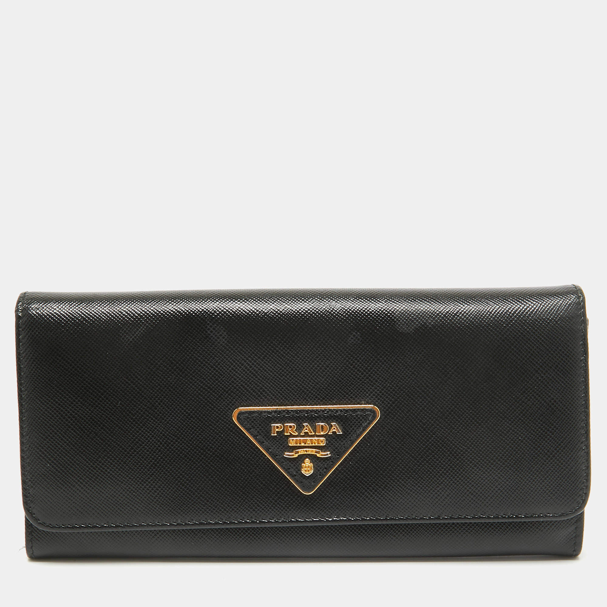 Pre Owned Prada Black Saffiano Leather Flap Continental Wallet