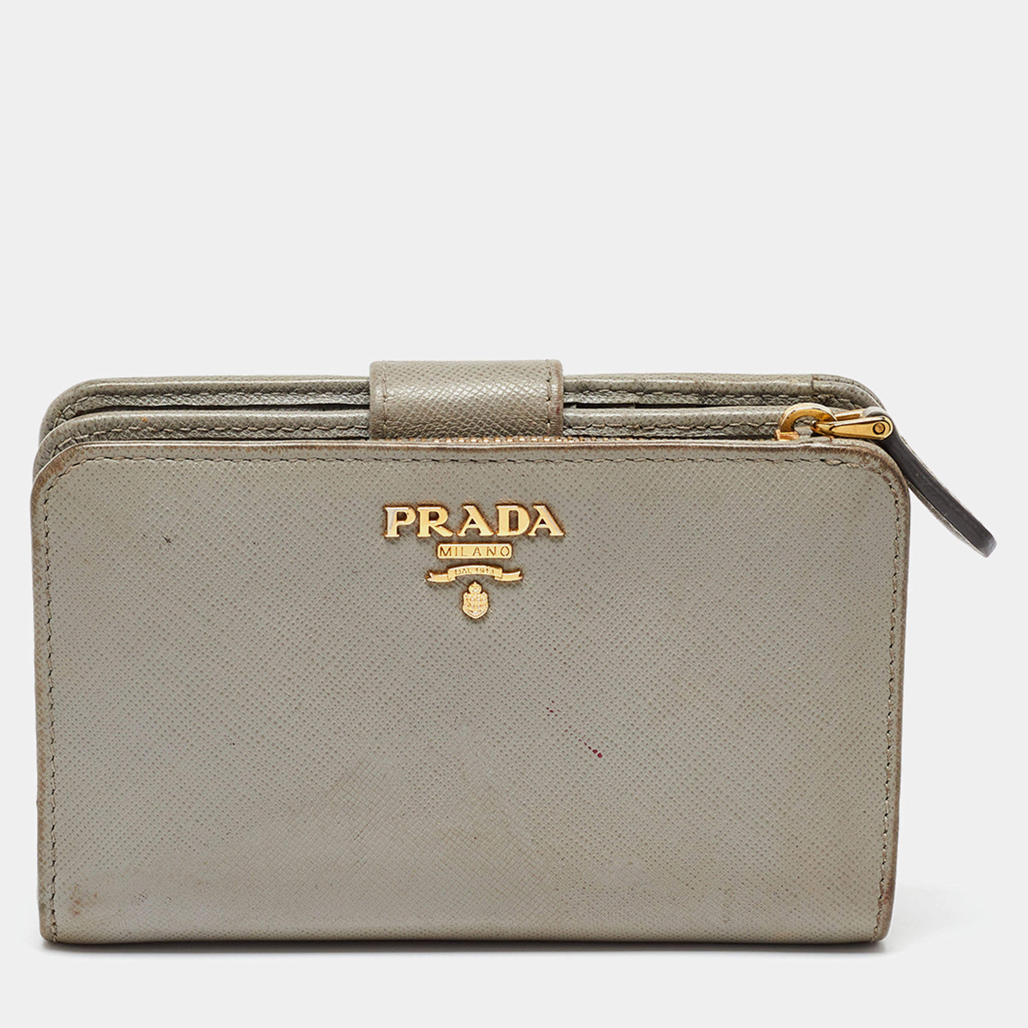 Prada Grey Saffiano Leather Flap French Wallet