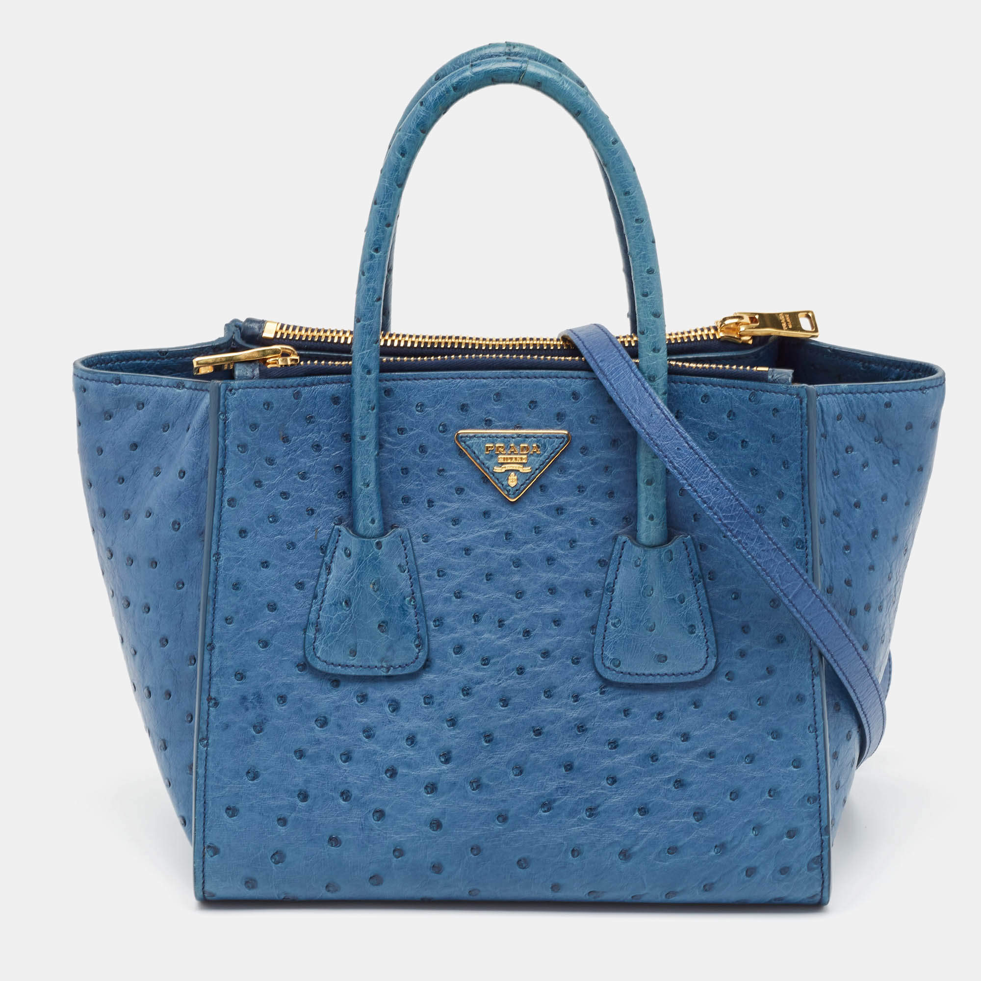 Pre Owned Prada Blue Ostrich Twin Pocket Tote