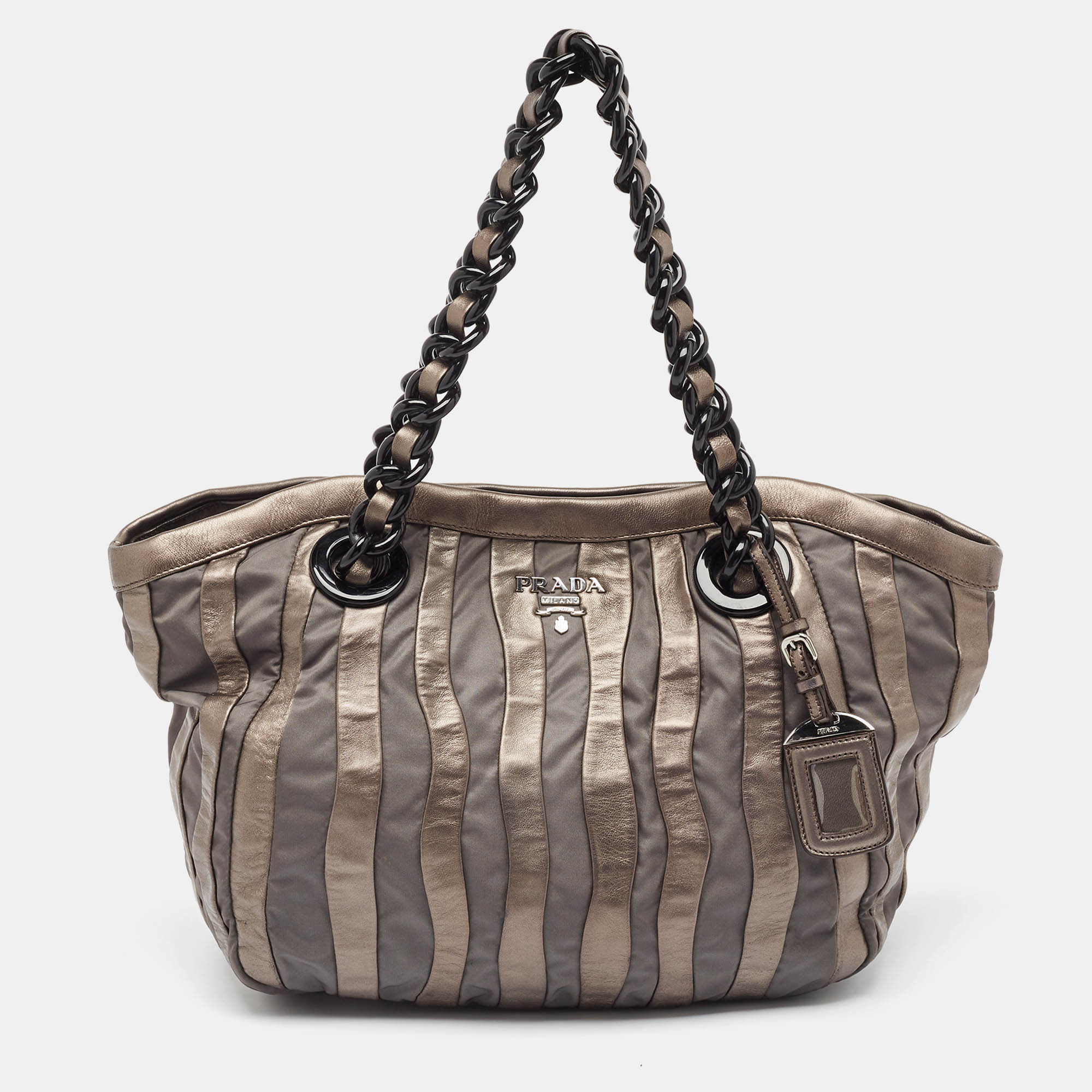Pre Owned Prada Grey Leather and Nylon Mordore Stripe Tote