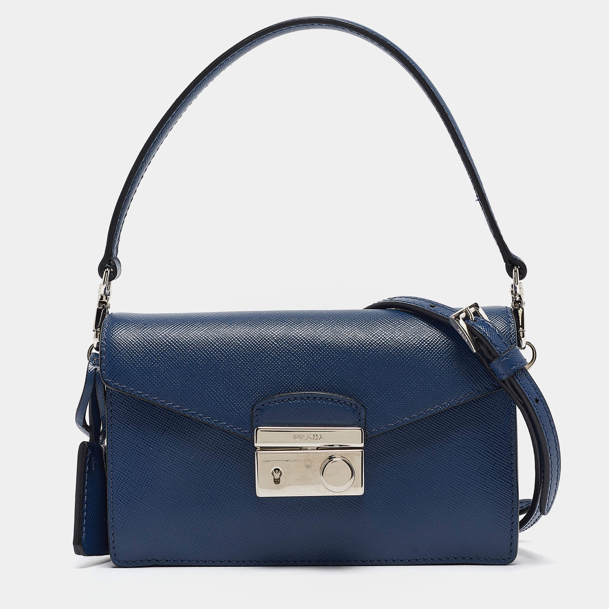 Pre Owned Prada Blue Saffiano Lux Leather Mini Sound Flap Crossbody Bag