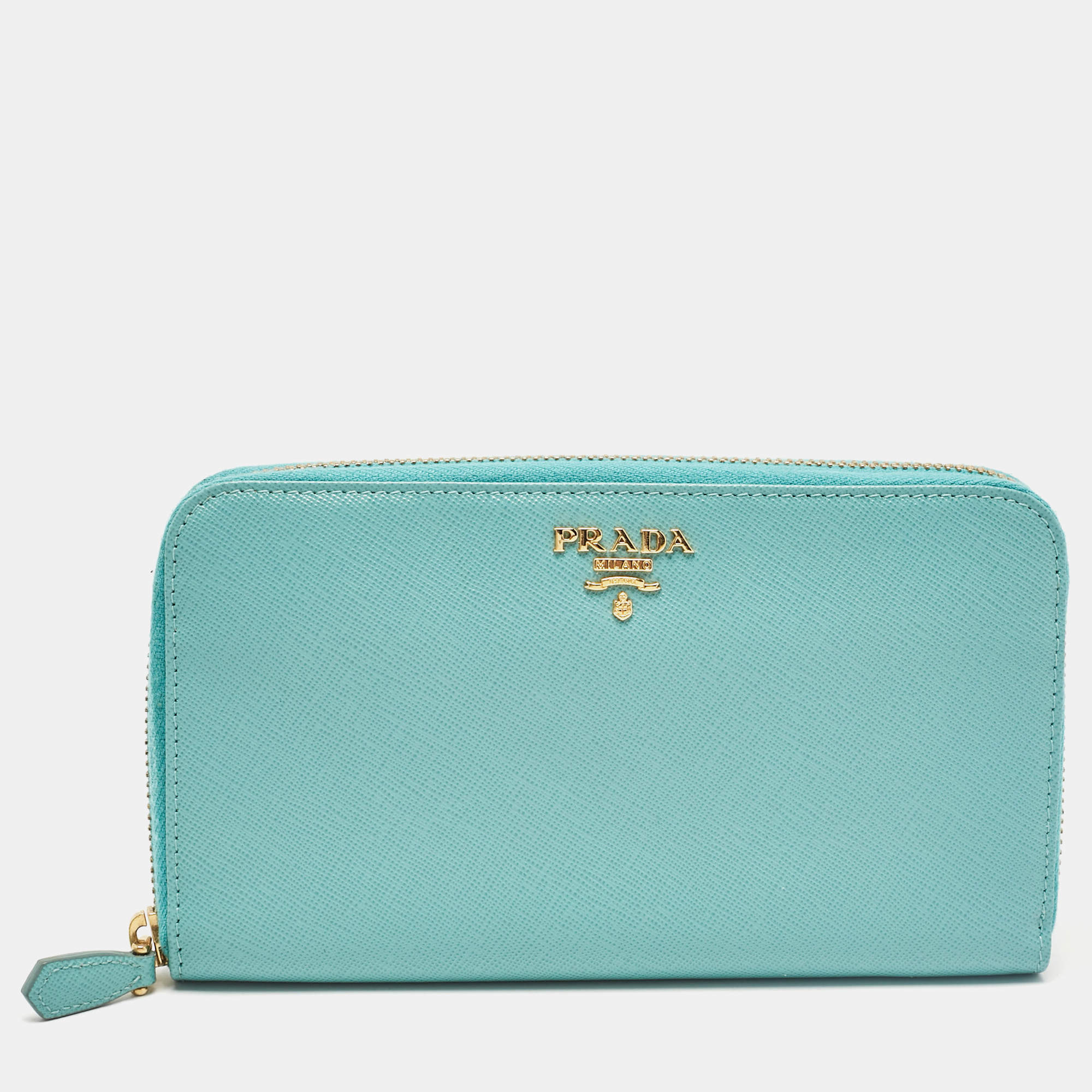 Pre Owned Prada Turquoise Saffiano Metal Leather Zip Continental Wallet