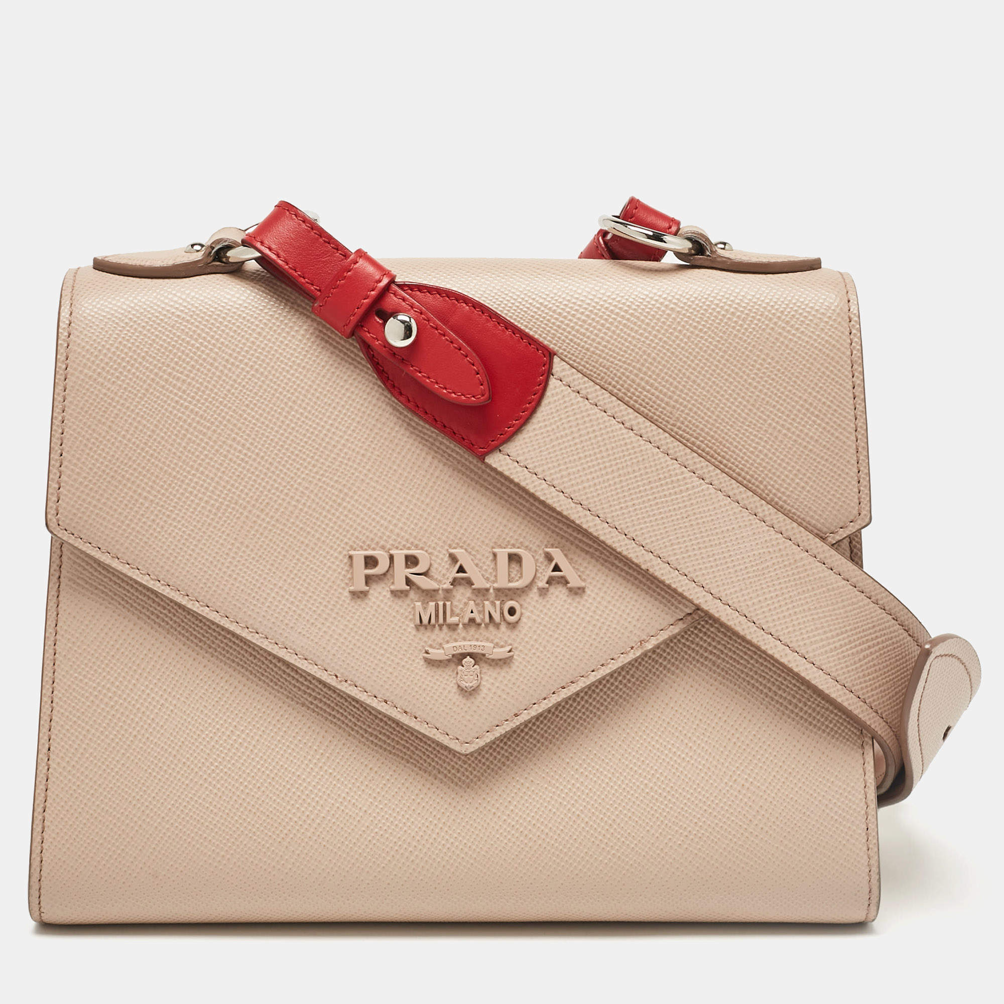 Pre Owned Prada Beige/Red Saffiano Cuir Leather Monochrome Shoulder Bag
