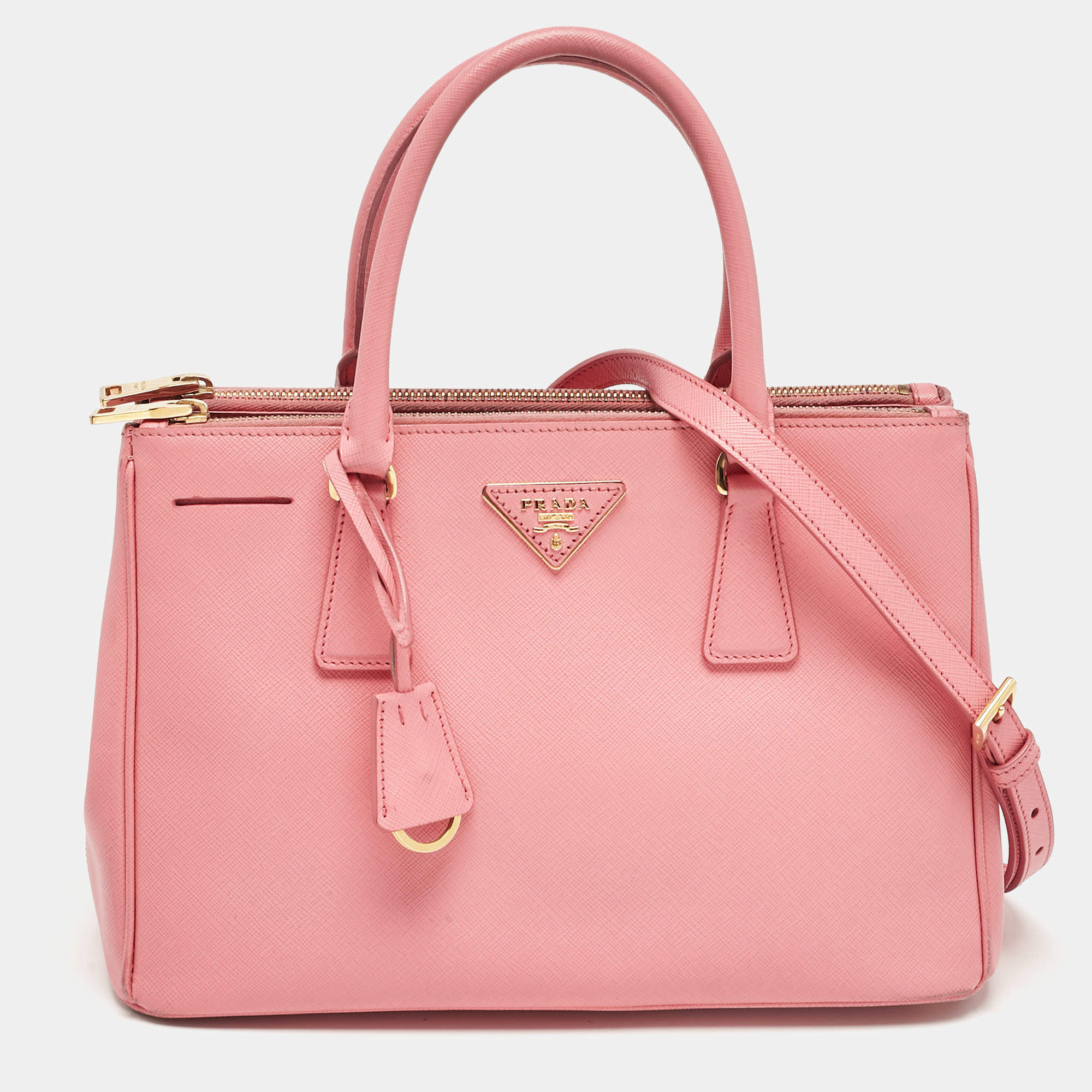 Pre Owned Prada Pink Saffiano Lux Leather Leather Small Double Zip Tote