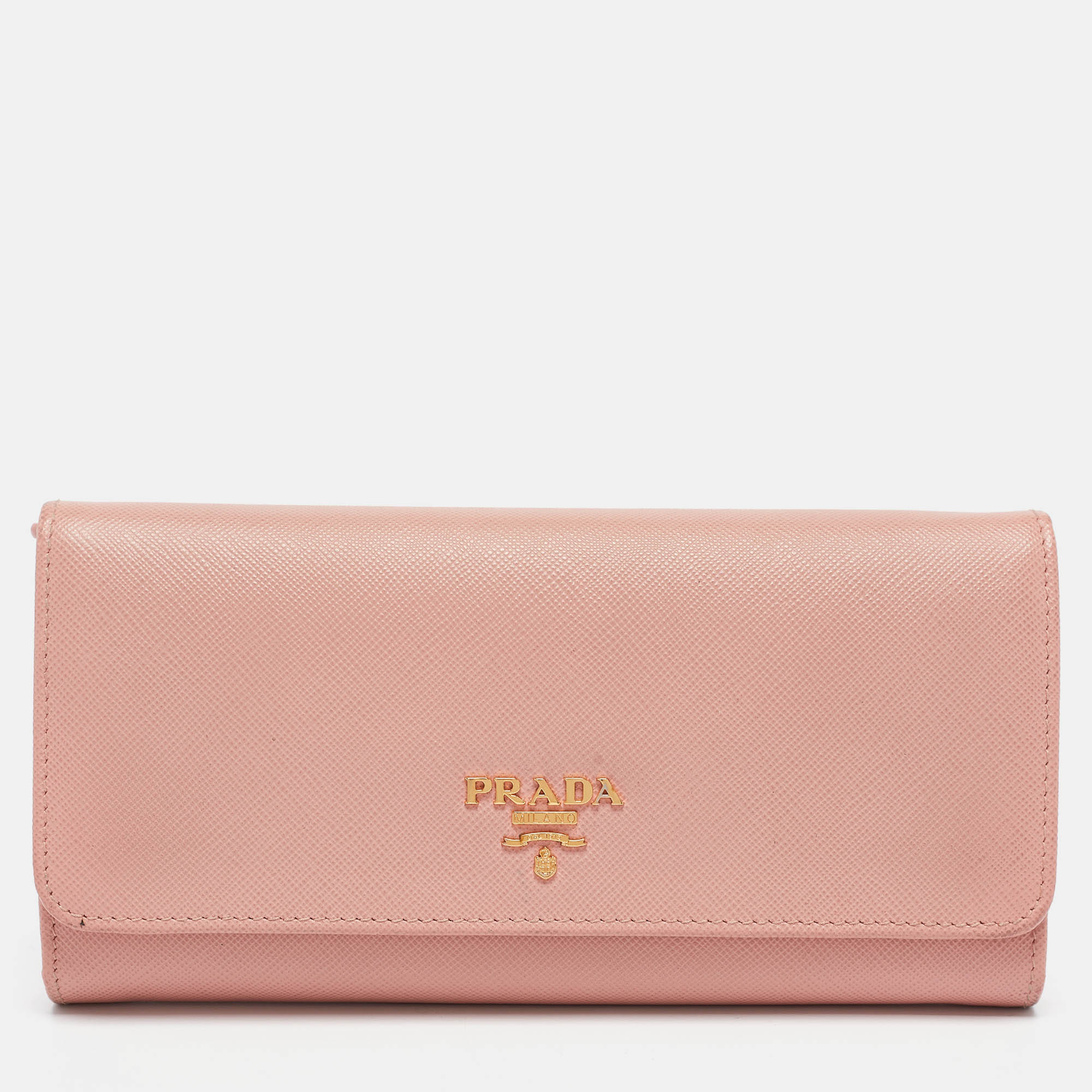 Prada Pink Saffiano Lux Leather Logo Flap Continental Wallet
