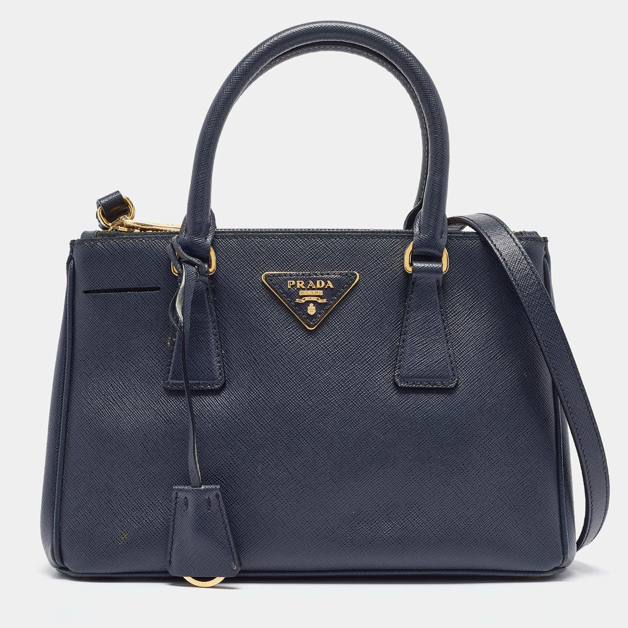 Pre Owned Prada Navy Blue Saffiano Lux Leather Small Double Zip Tote
