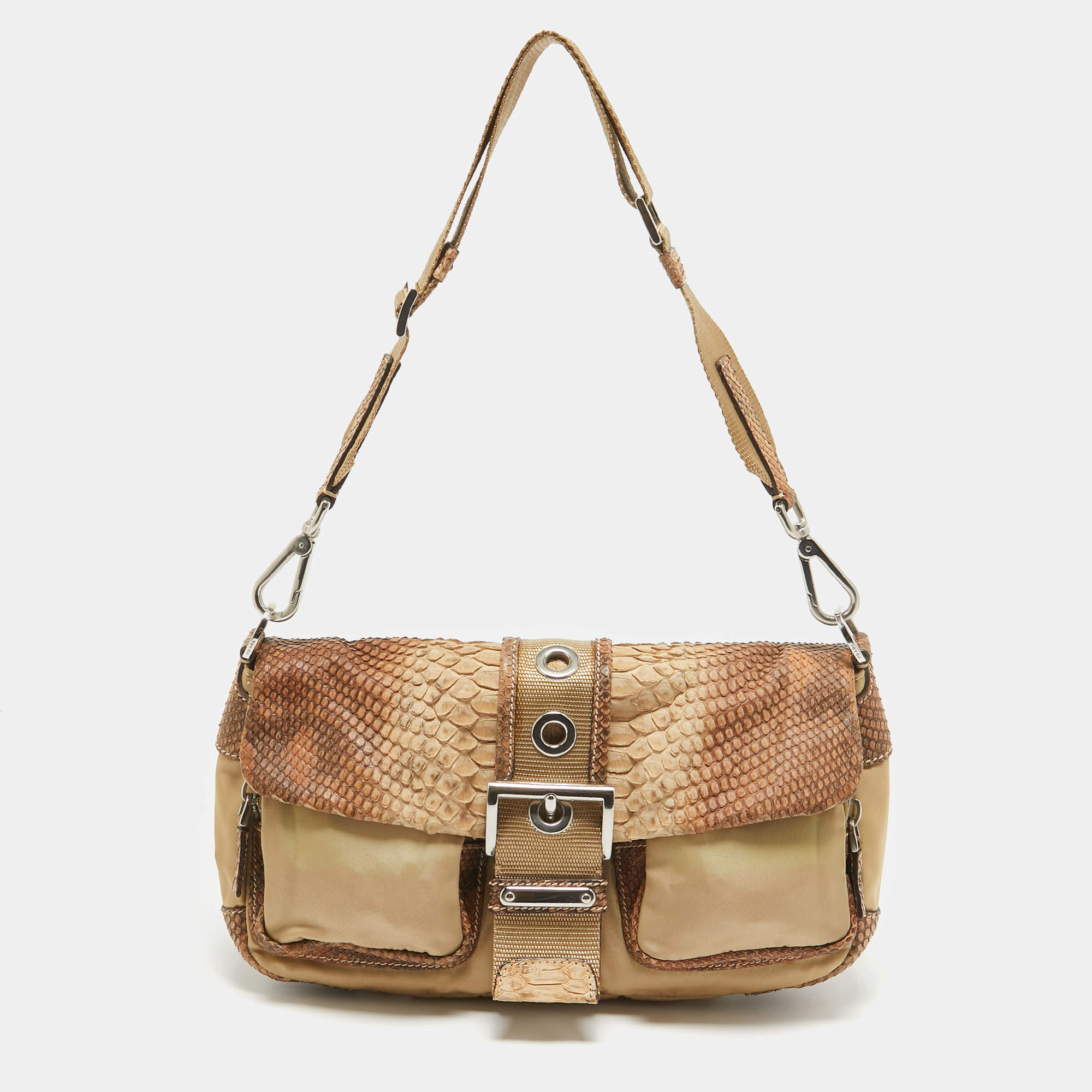 Prada Beige Nylon & Python Double Pocket Shoulder Bag