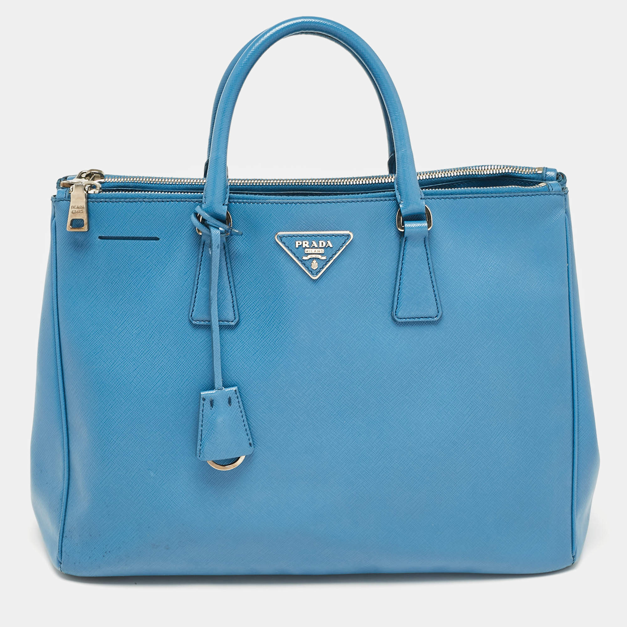 Pre Owned Prada Blue Saffiano Lux Leather Large Double Zip Tote