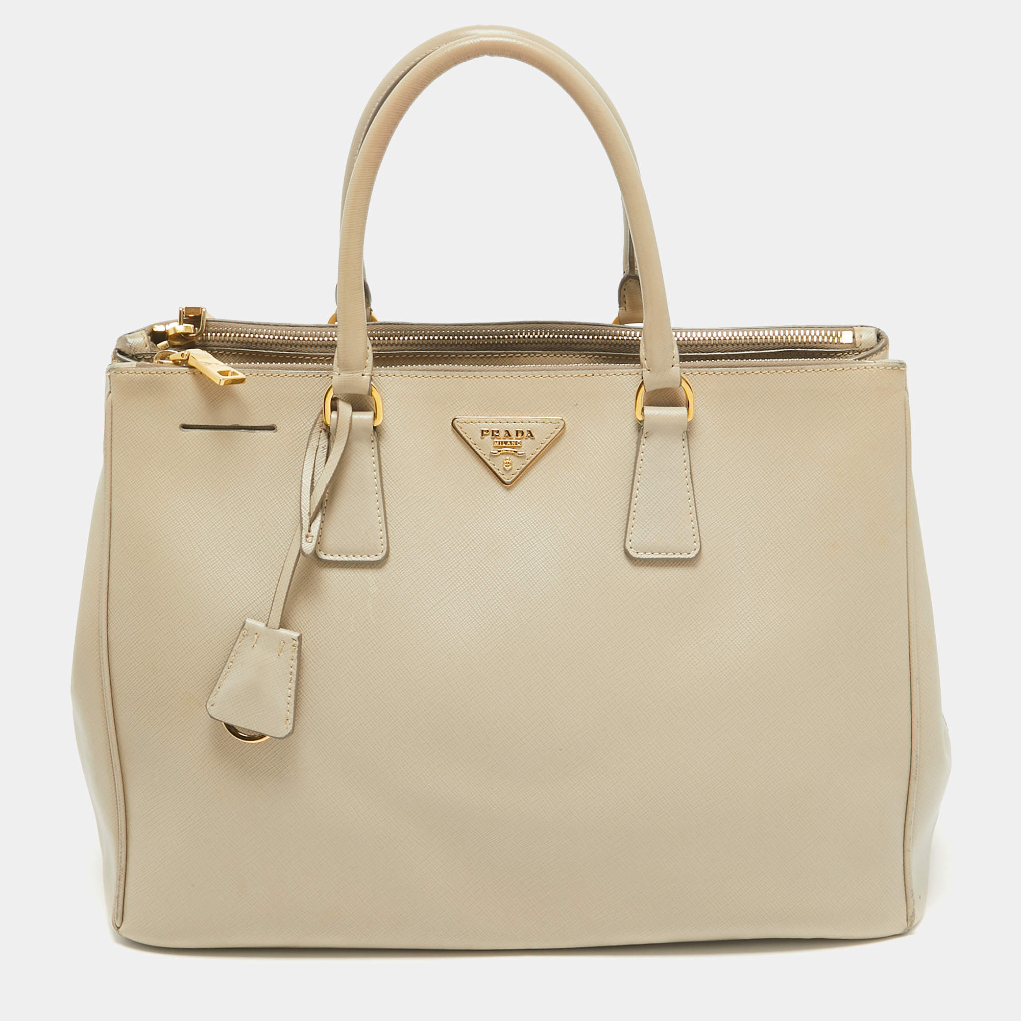 Pre Owned Prada Light Beige Saffiano Lux Leather Large Double Zip Tote