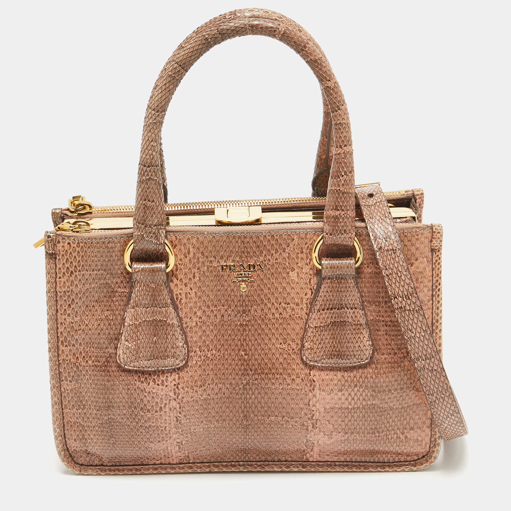 Pre Owned Prada Salmon Karung Leather Frame Zip Tote