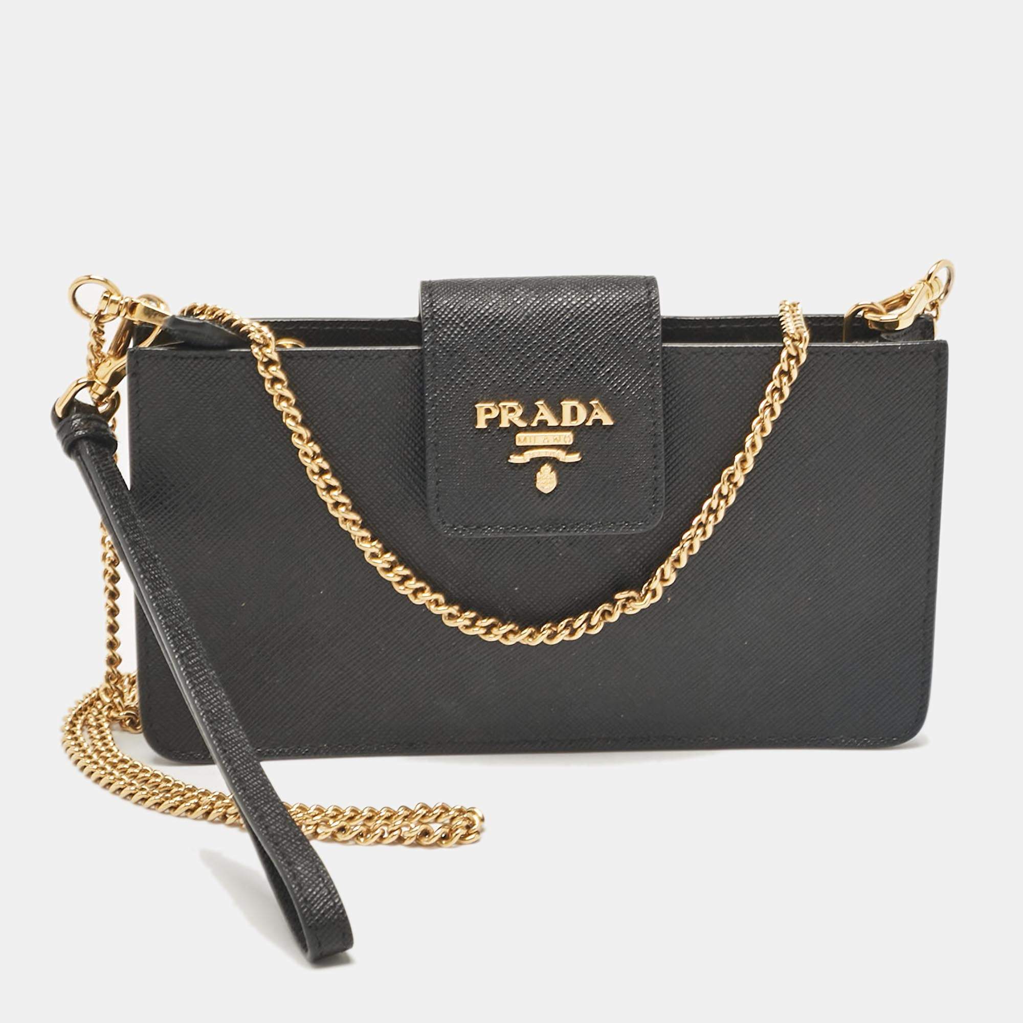 Pre Owned Prada Black Saffiano Leather Phone Crossbody Bag