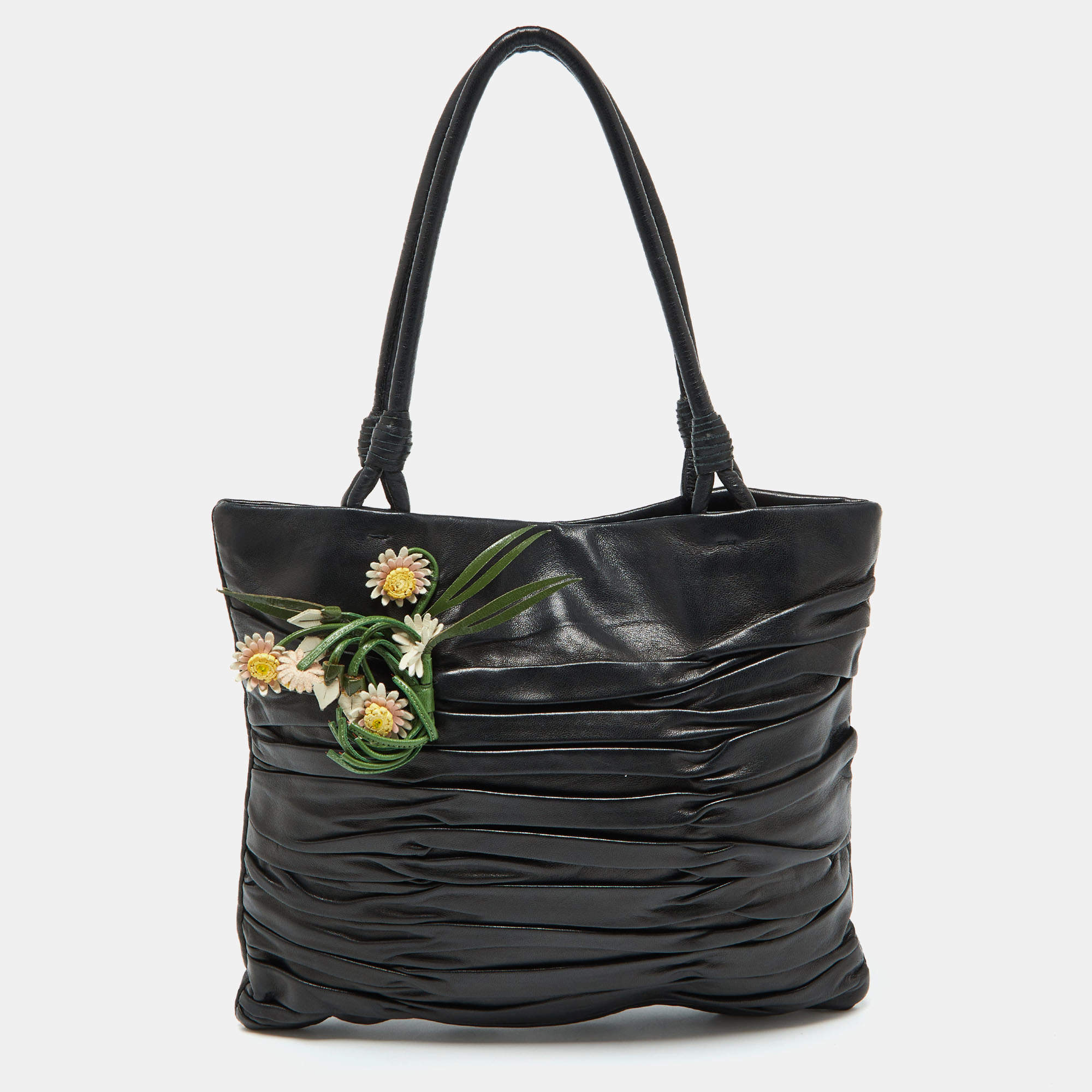 Prada Black Nappa Leather Gaufré Floral Tote