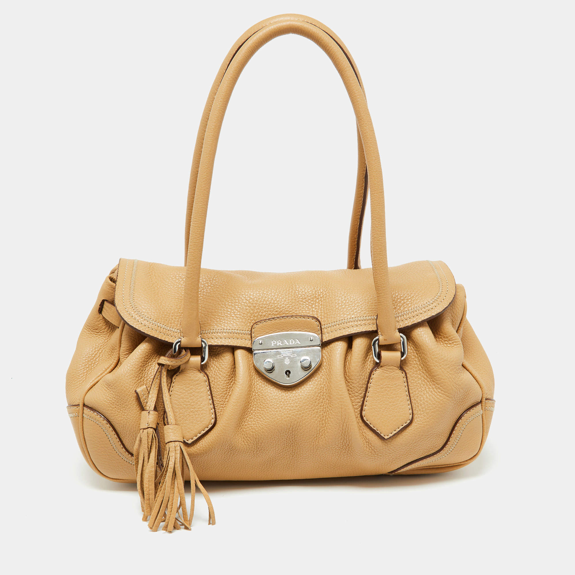 Prada Beige Vitello Daino Leather Pushlock Flap Hobo