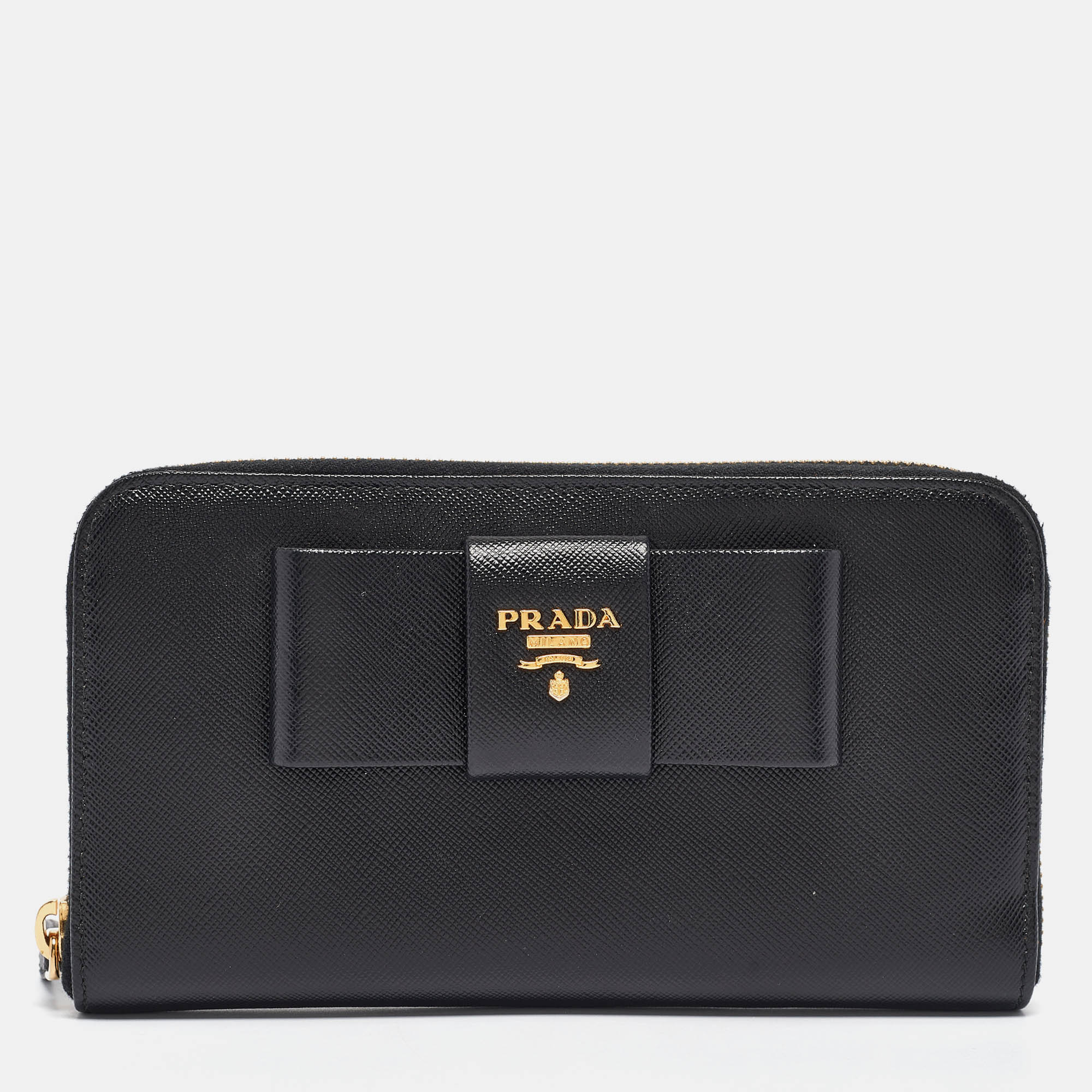 Pre Owned Prada Black Saffiano Metal Leather Bow Continental Wallet