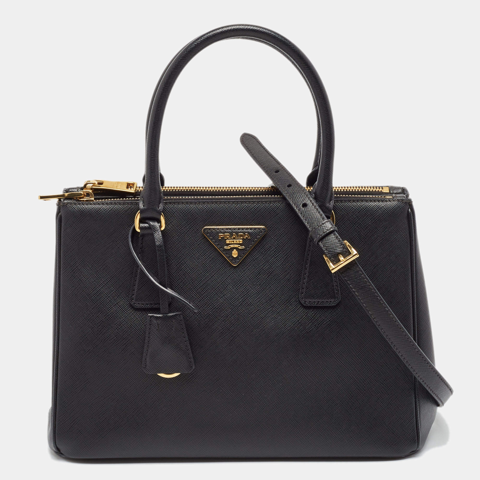 Prada Black Saffiano Lux Leather Small Double Zip Tote