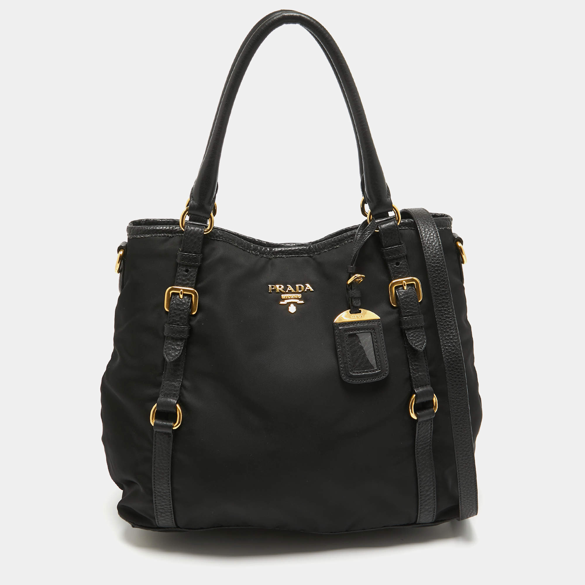 Pre Owned Prada Black Tessuto Nylon and Leather Buckle Tote