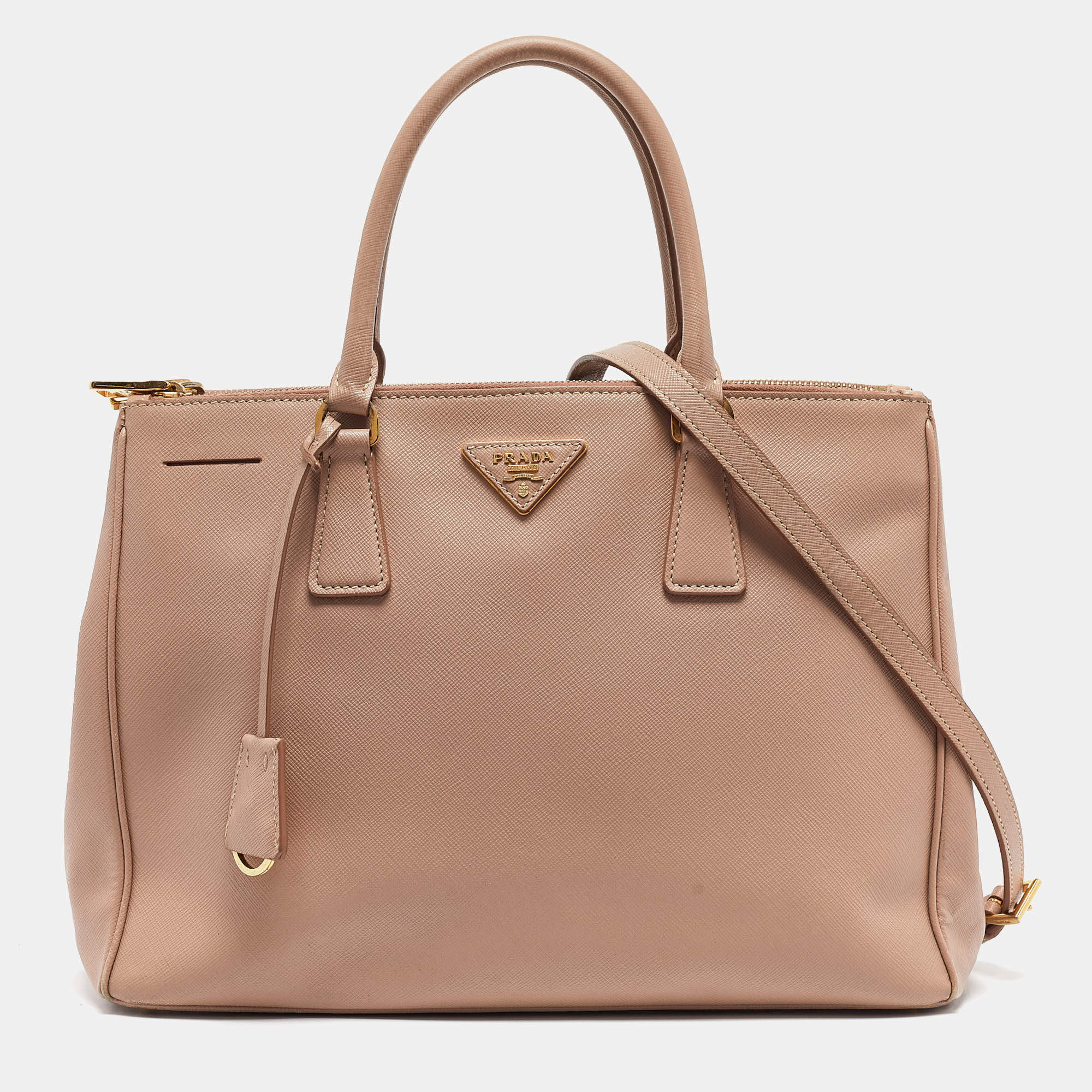 Prada Dusty Pink Saffiano Lux Leather Medium Double Zip Tote