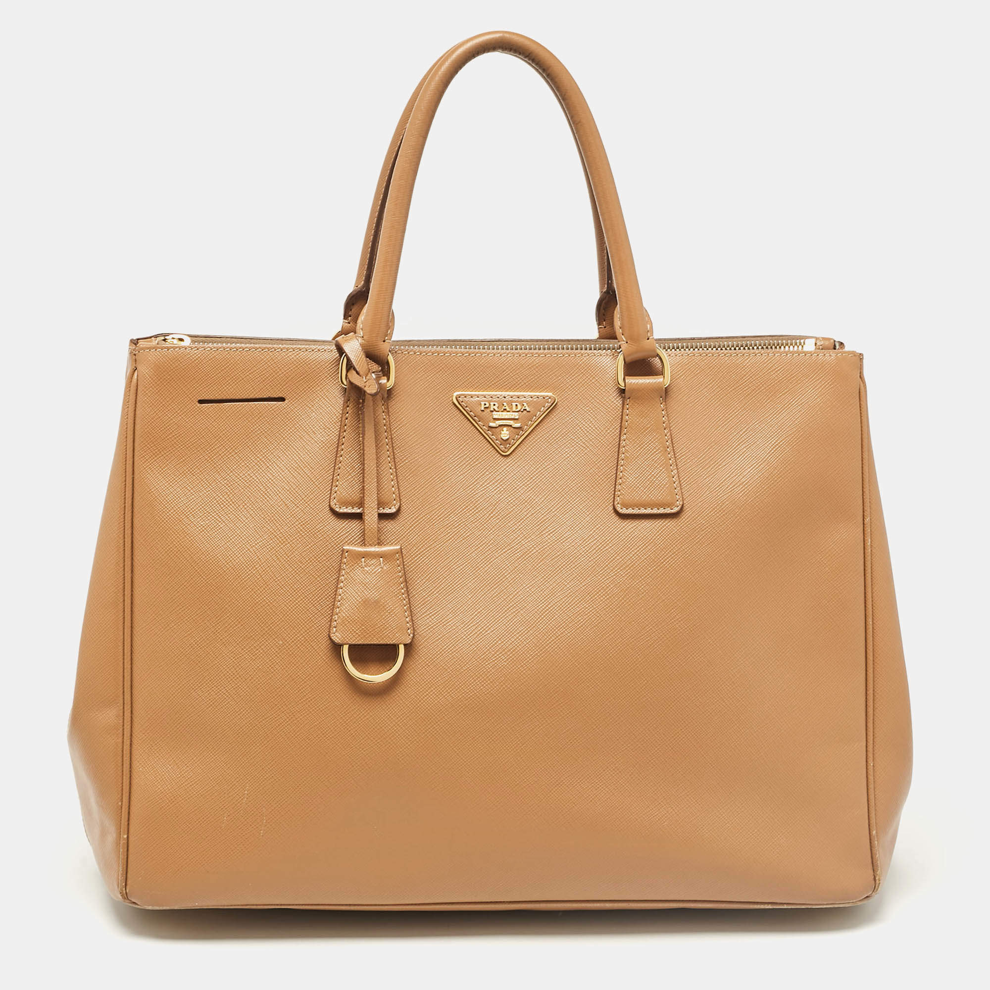 Pre Owned Prada Brown Saffiano Lux Leather Large Galleria Double Zip Tote