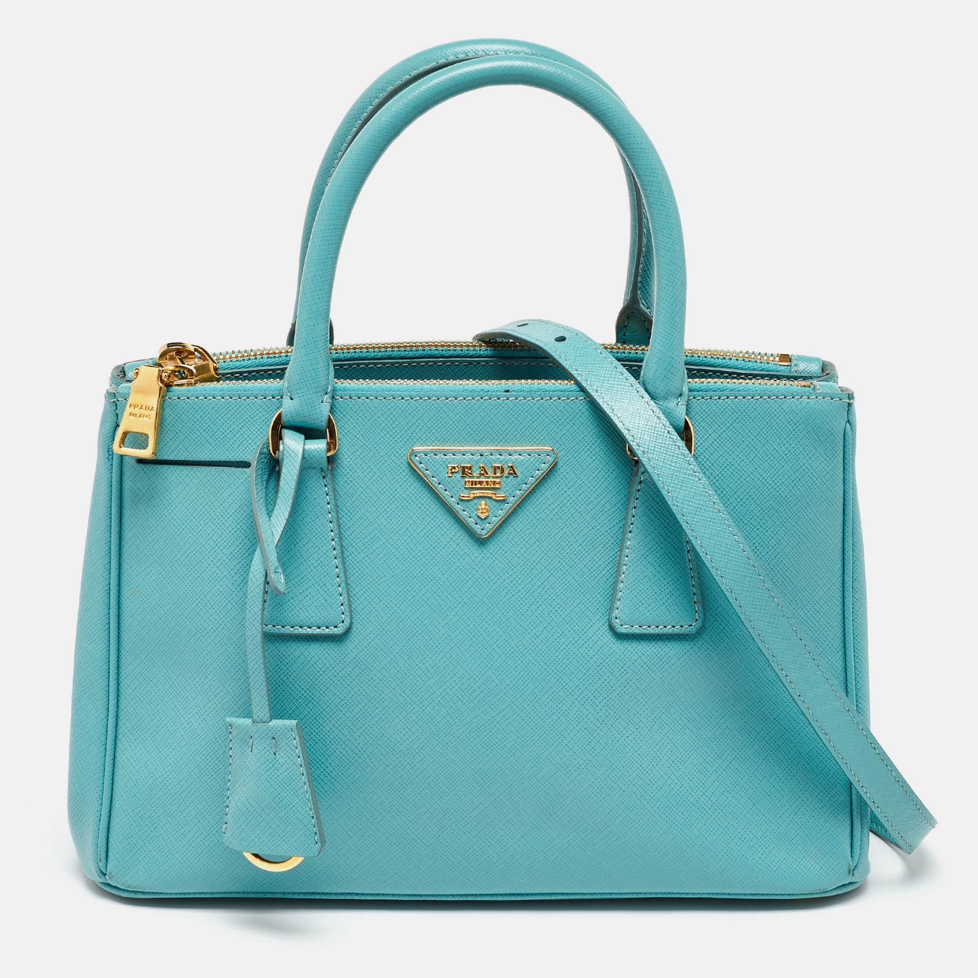 Prada Blue Saffiano Leather Small Galleria Double Zip Tote