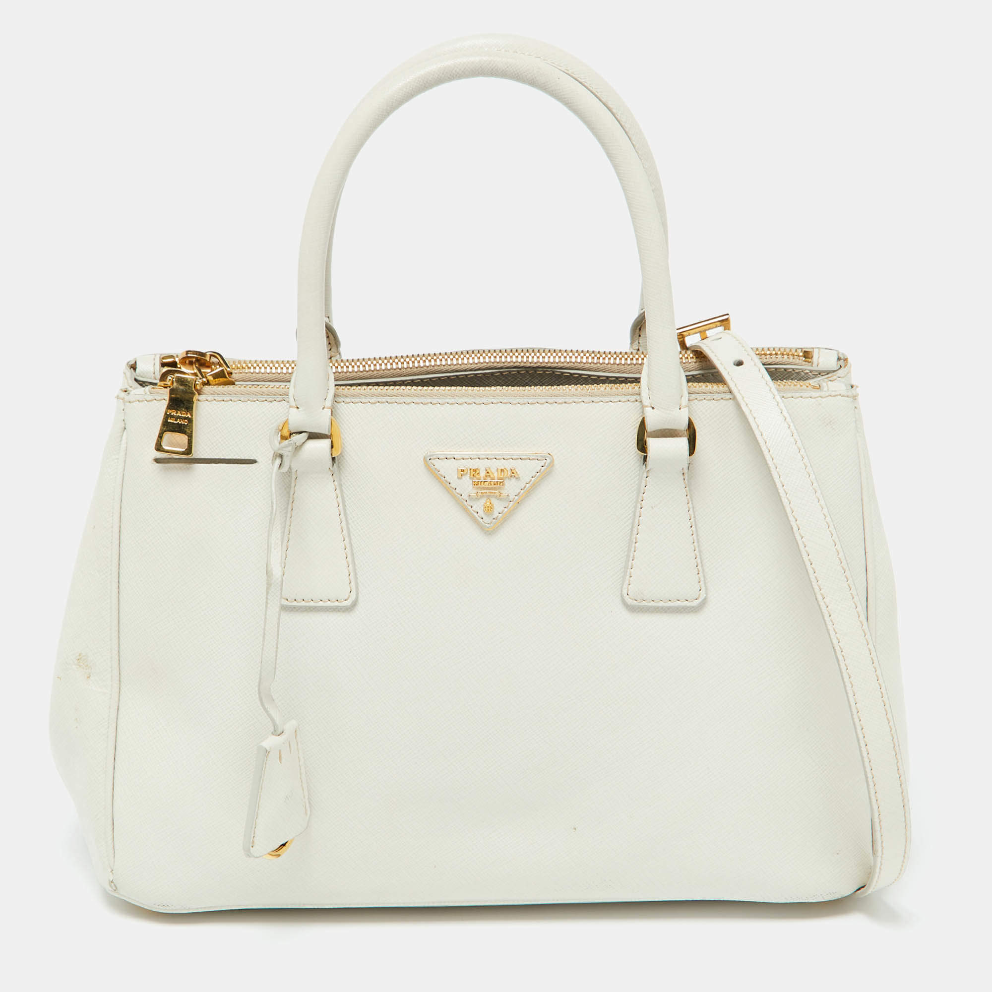 Prada White Saffiano Leather Medium Galleria Double Zip Tote