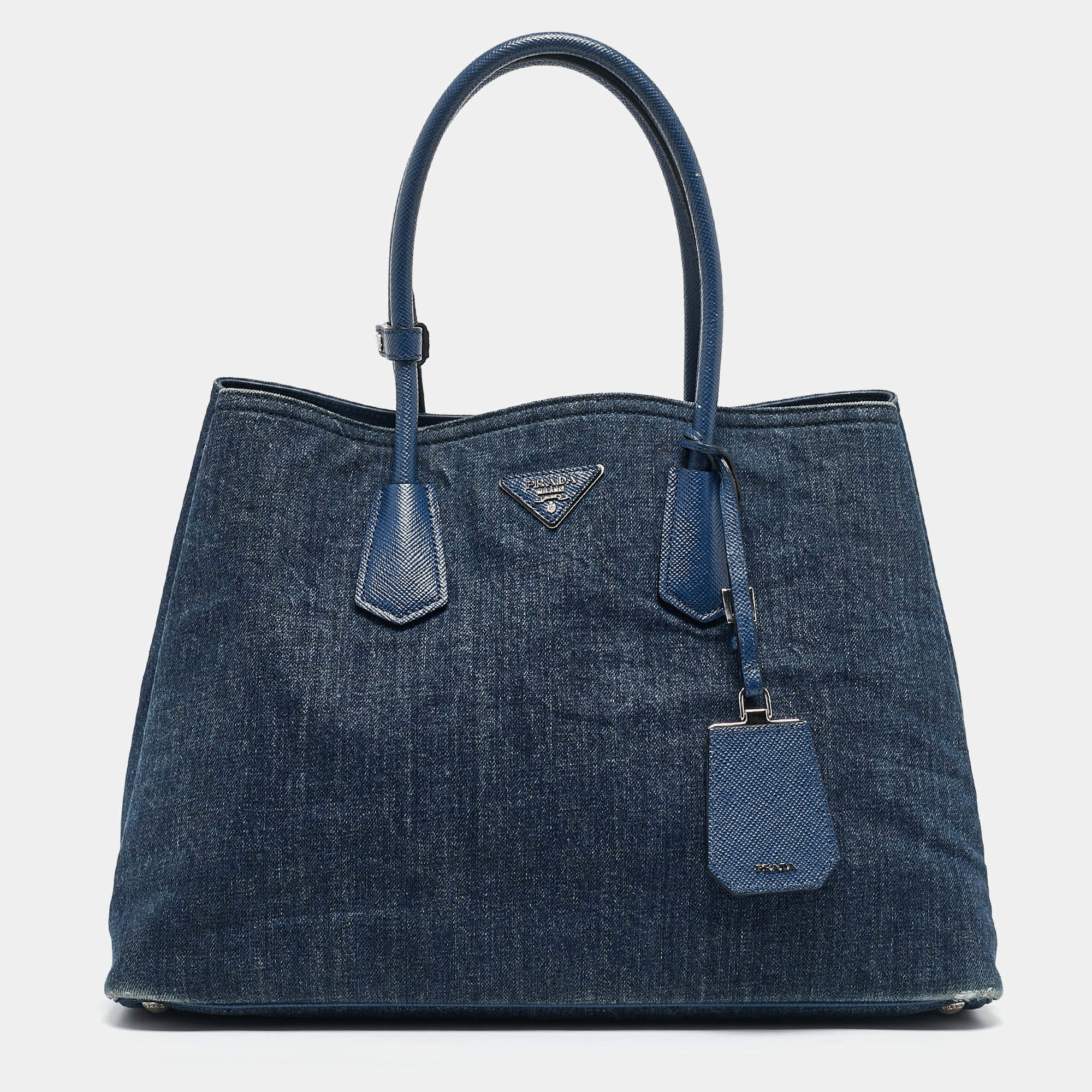 Pre Owned Prada Blue Denim and Saffiano Leather Large Double Handle Tote