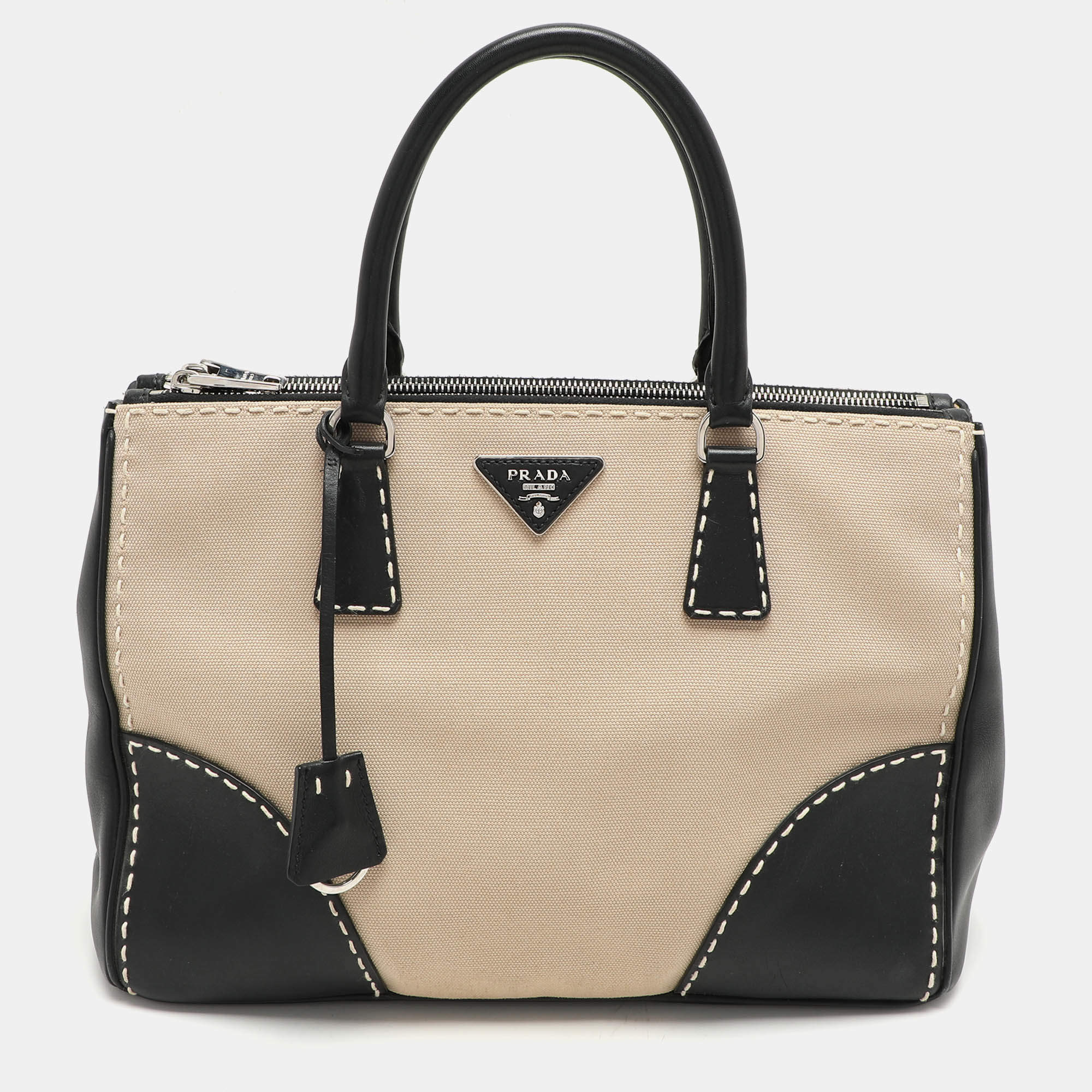 Prada Beige Canvas and Leather City Stitch Double Zip Tote