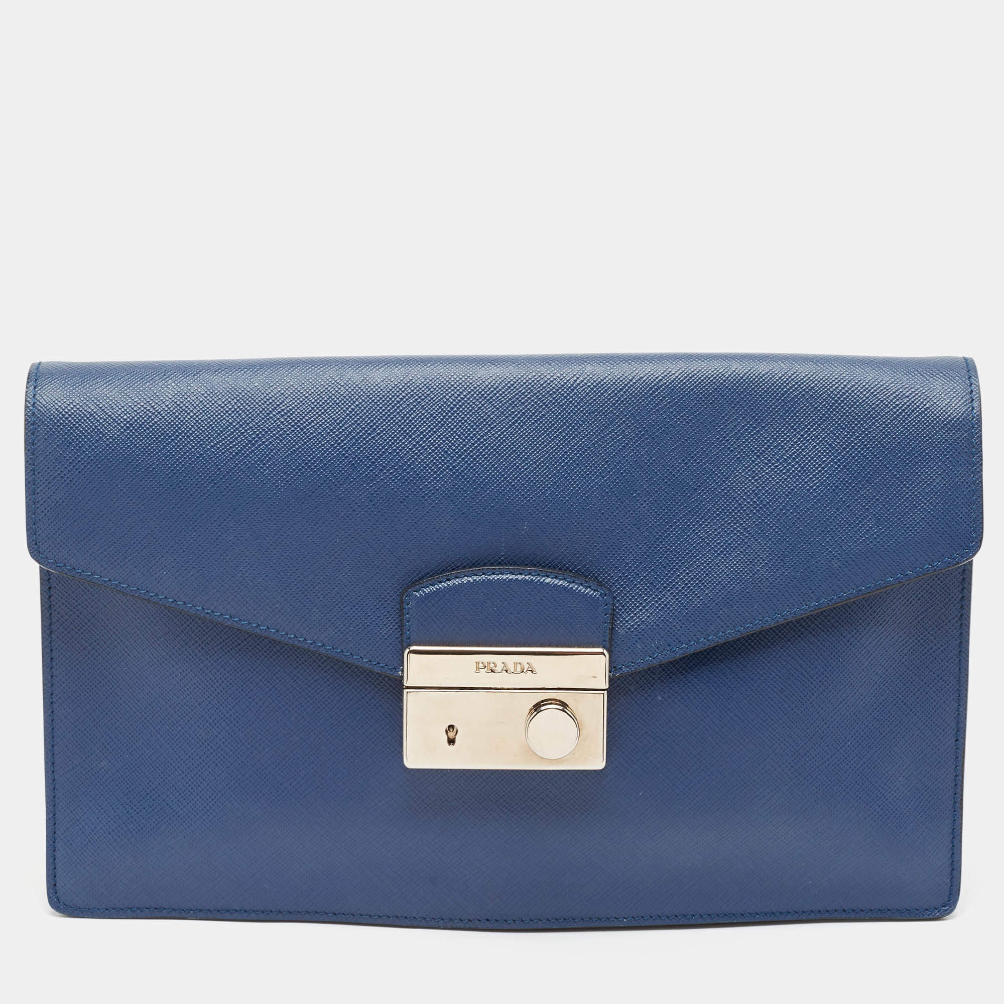 Prada Blue Saffiano Lux Leather Sound Clutch