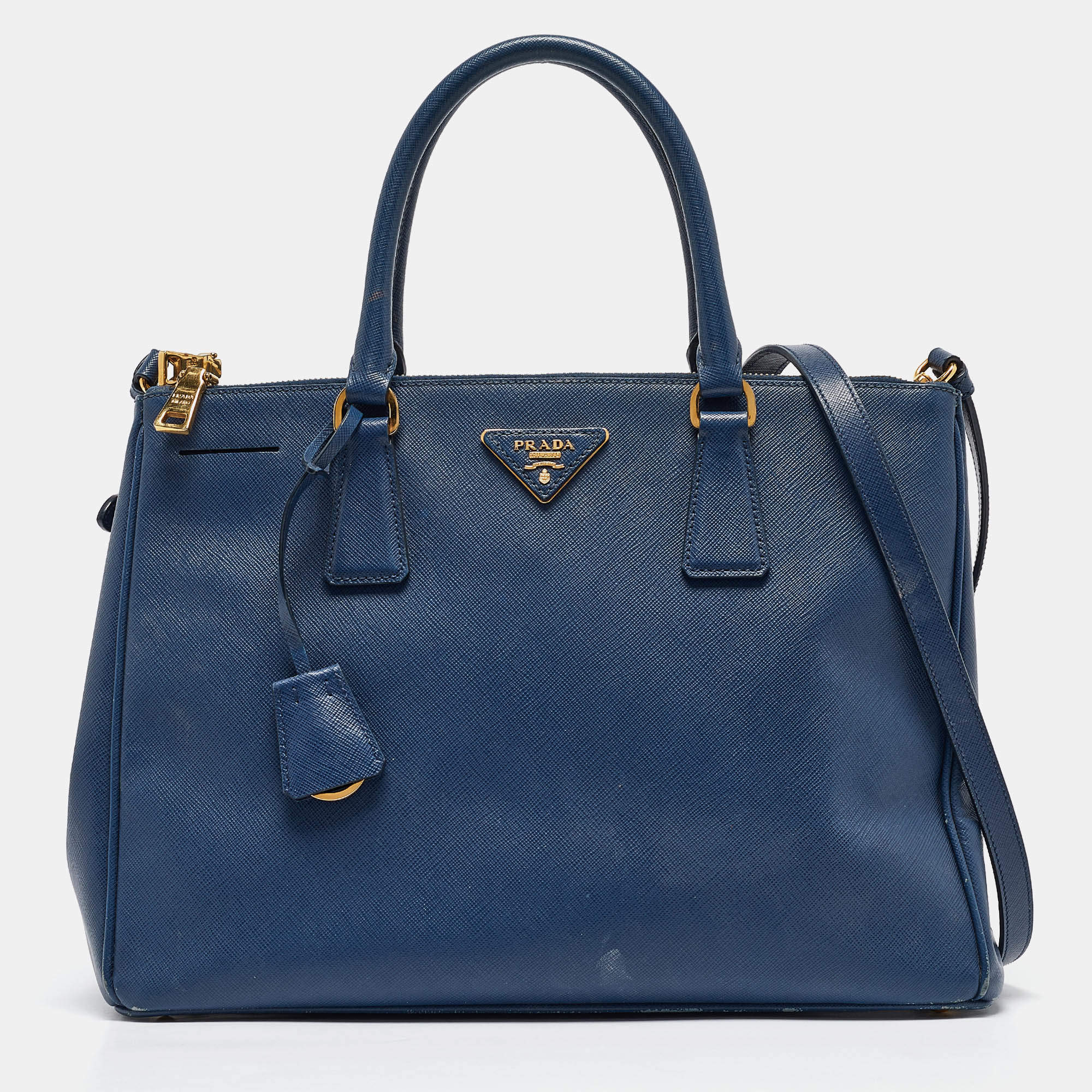 Prada Blue Saffiano Lux Leather Medium Double Zip Tote