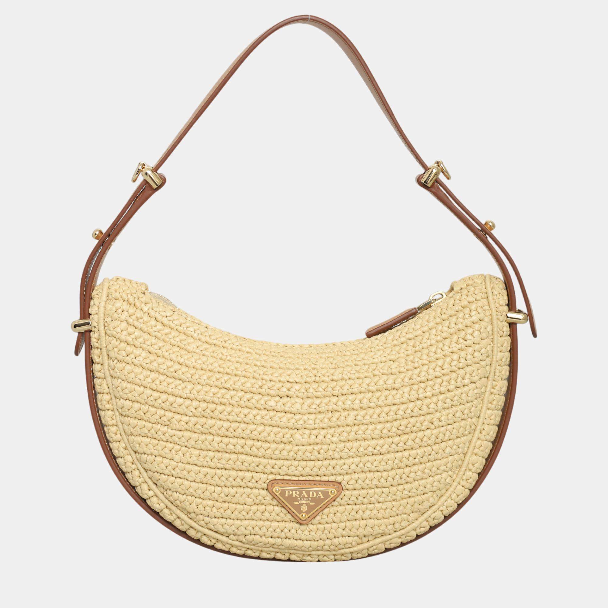 Prada Brown Raffia Arqué Shoulder Bag