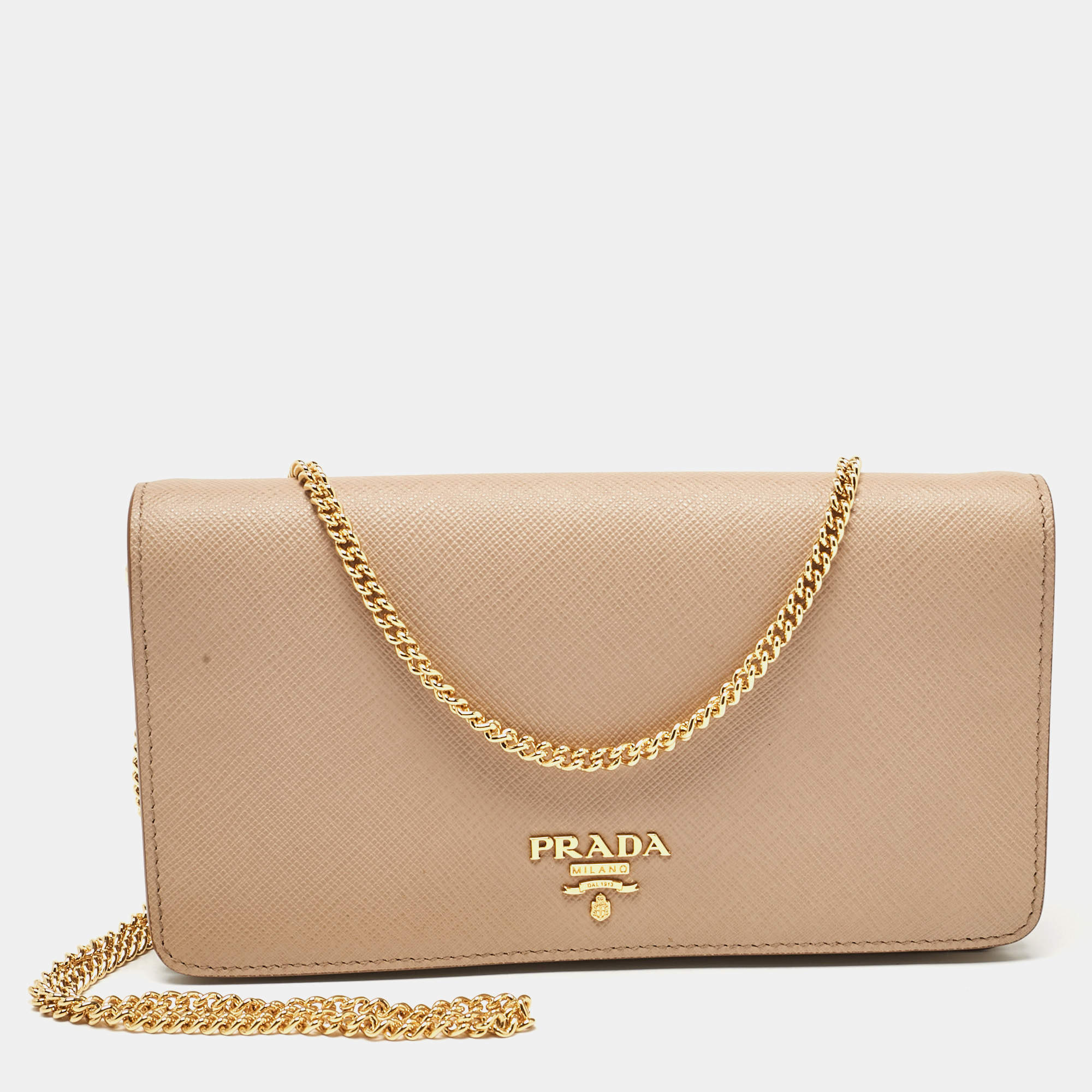 Pre Owned Prada Beige Saffiano Leather Flap Wallet On Chain