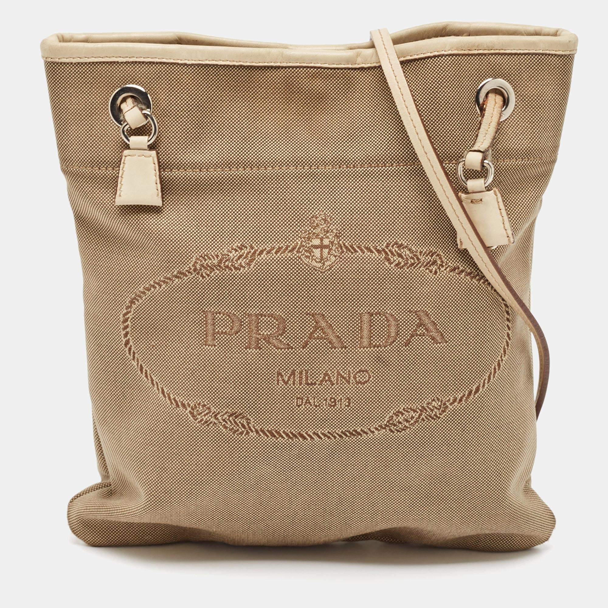 Pre Owned Prada Beige Canvas Jacquard Logo Crossbody Bag