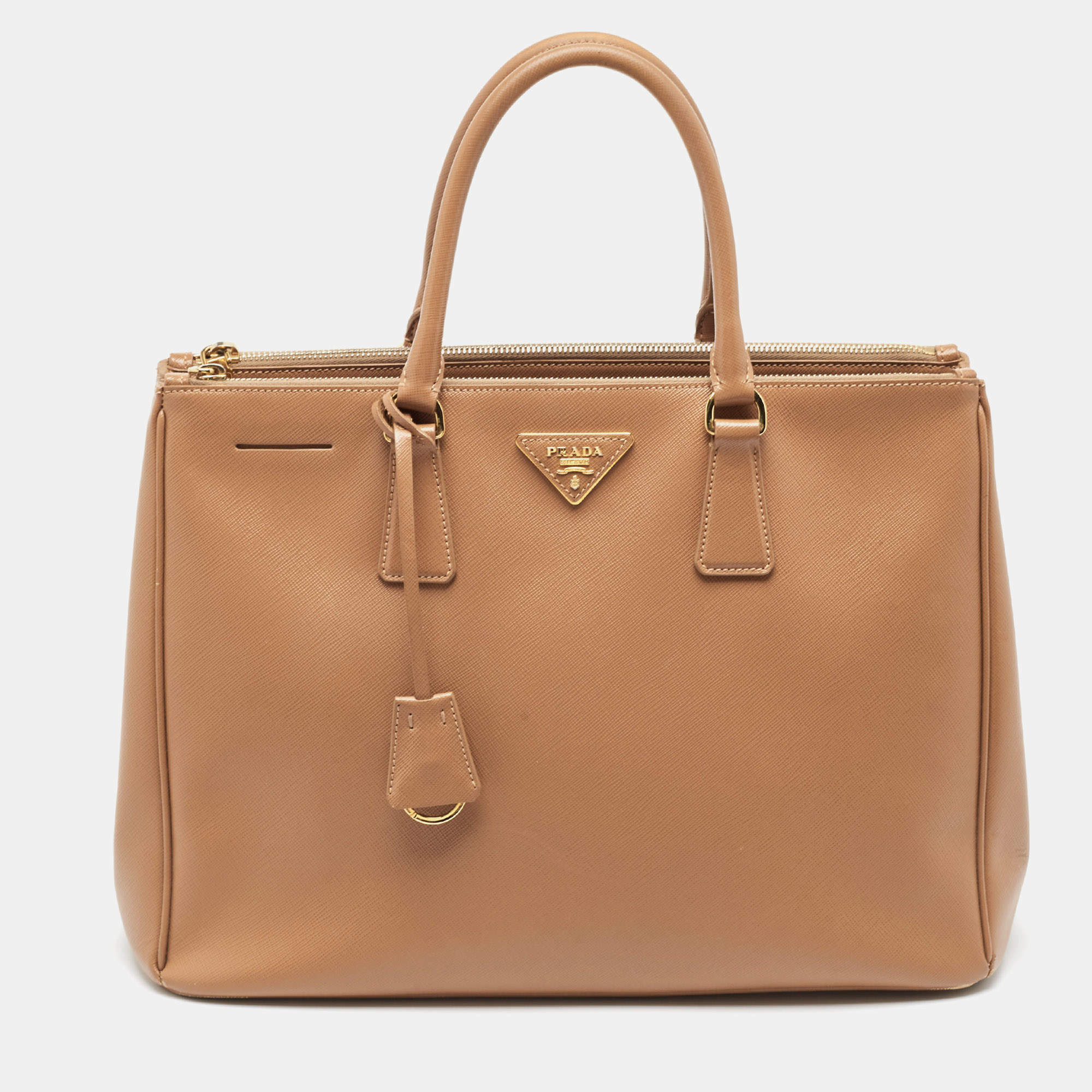 Pre Owned Prada Brown Saffiano Leather Large Double Zip Tote