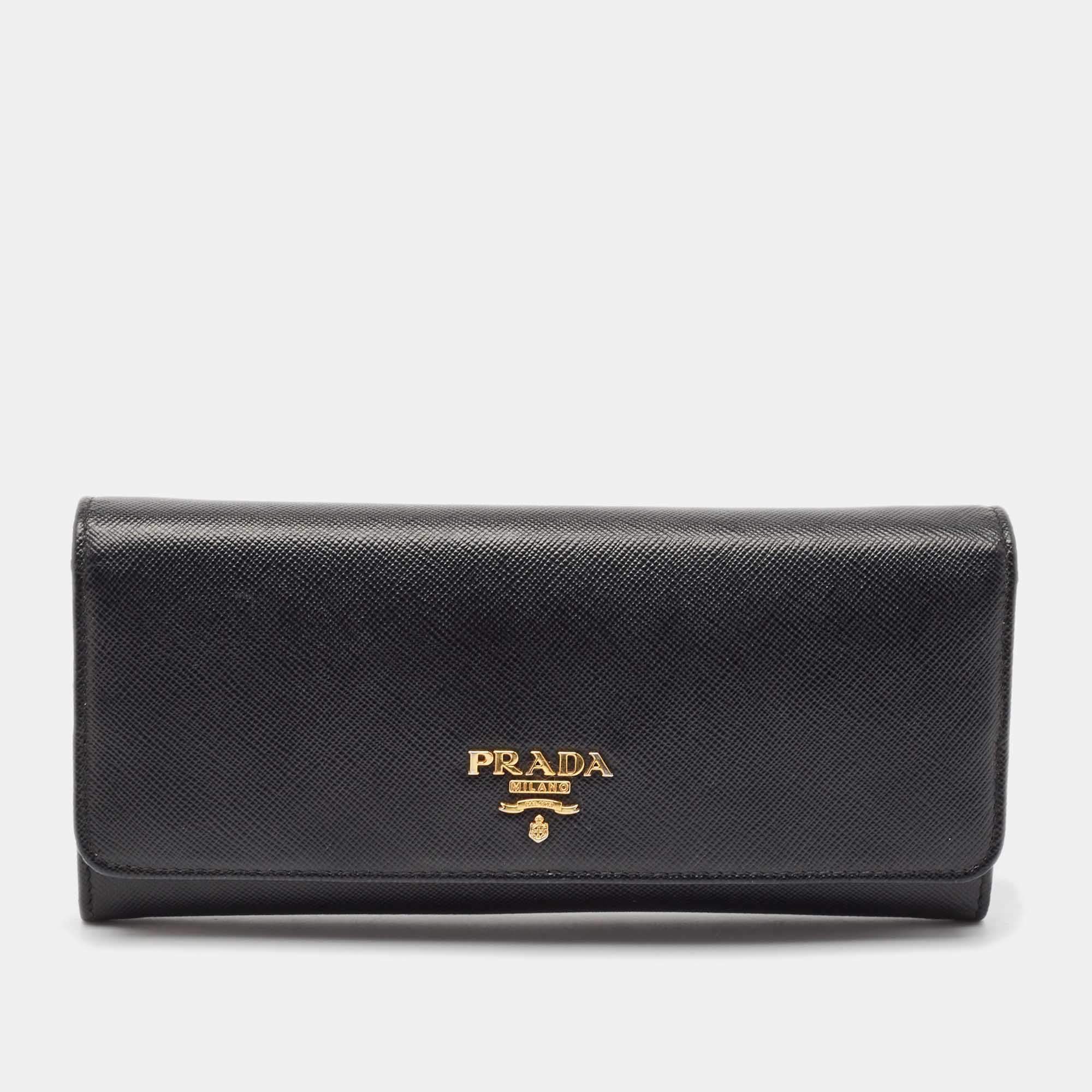 Pre Owned Prada Black Saffiano Metal Leather Flap Continental Wallet