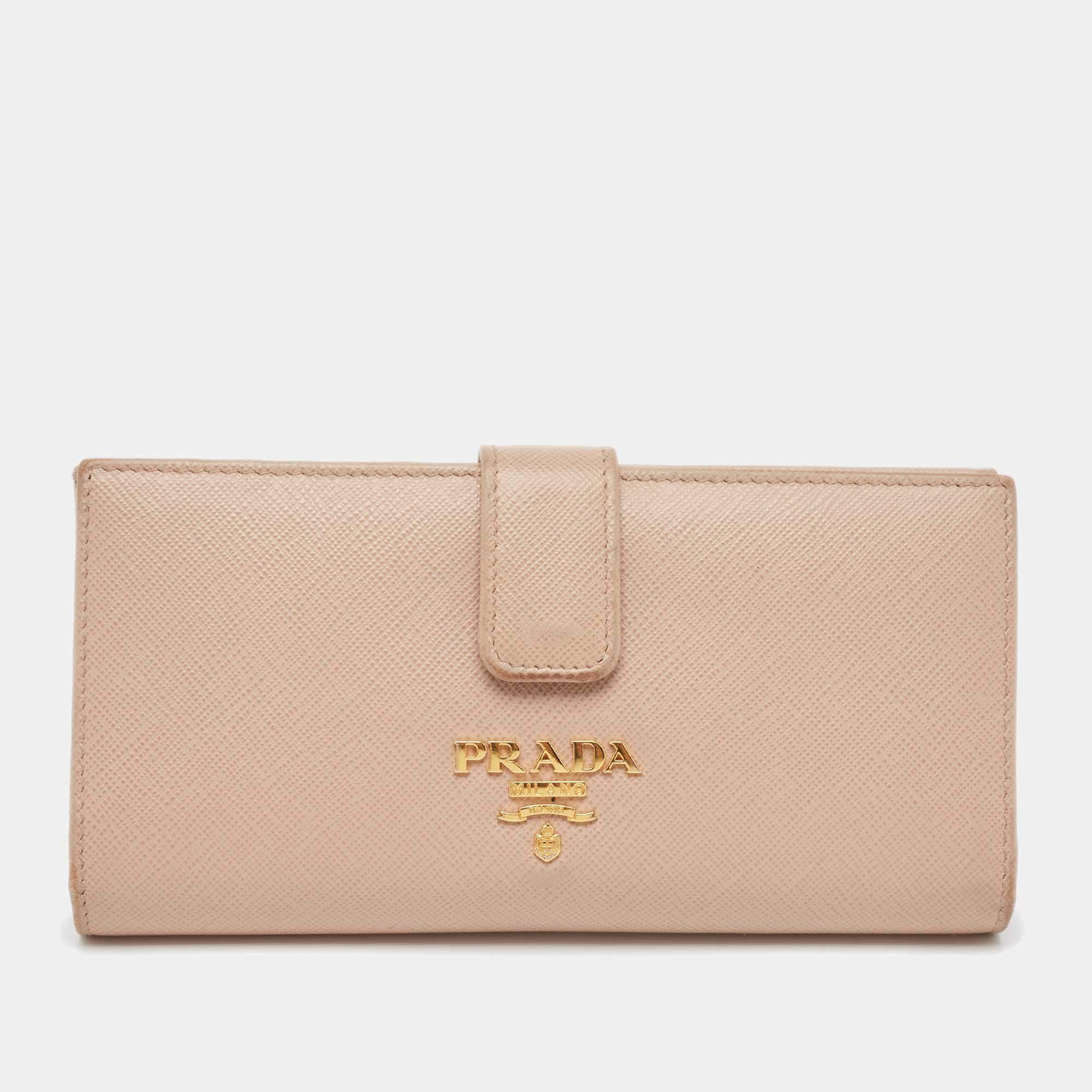 Pre Owned Prada Beige Saffiano Metal Leather Flap Continental Wallet