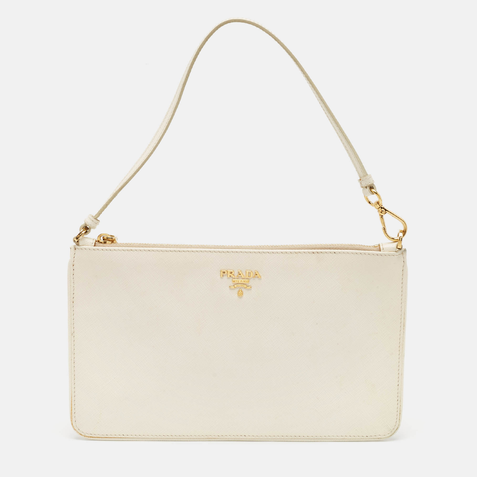 Prada White Saffiano Lux Leather Slim Pochette Bag