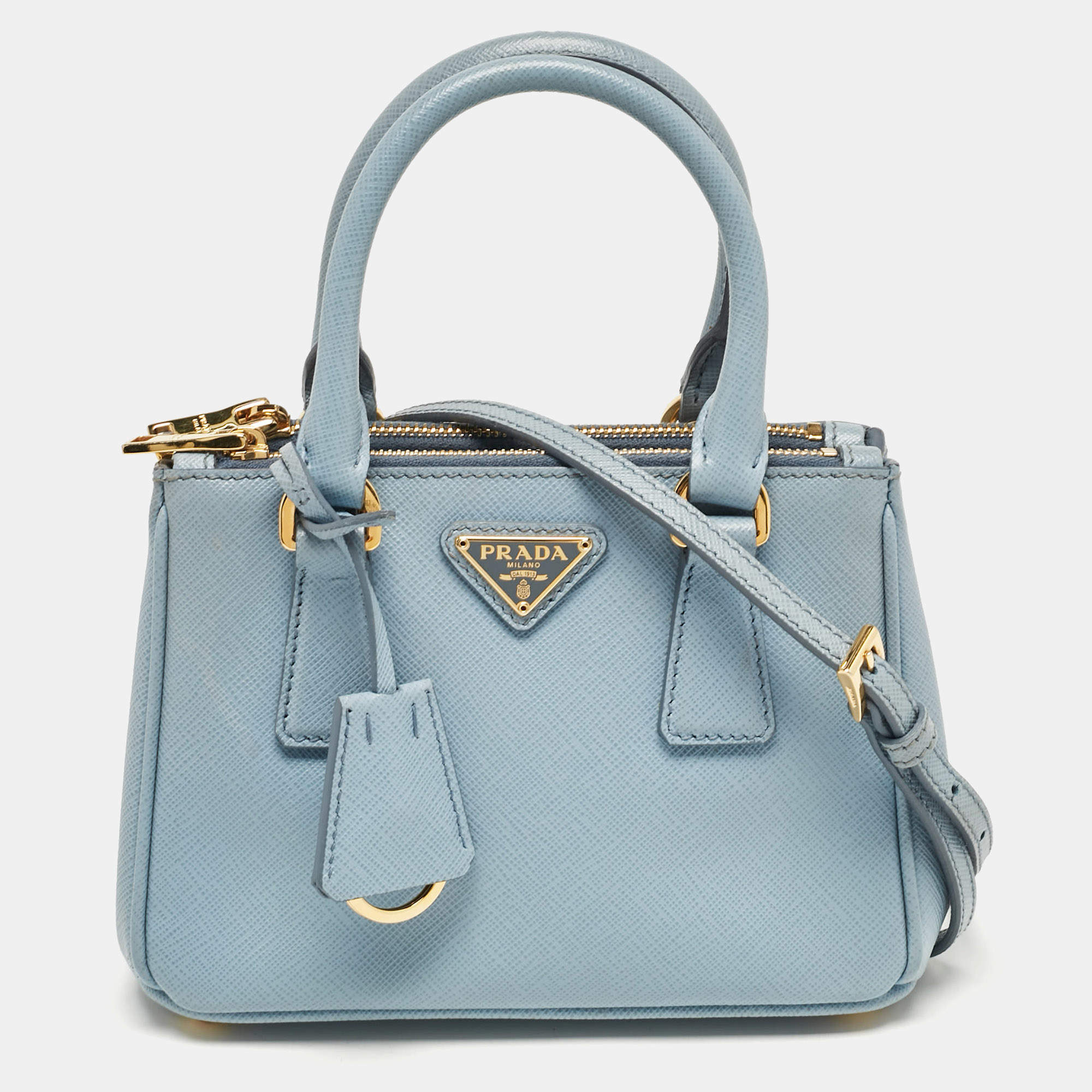 Prada Light Blue Saffiano Lux Leather Mini Double Zip Crossbody Bag